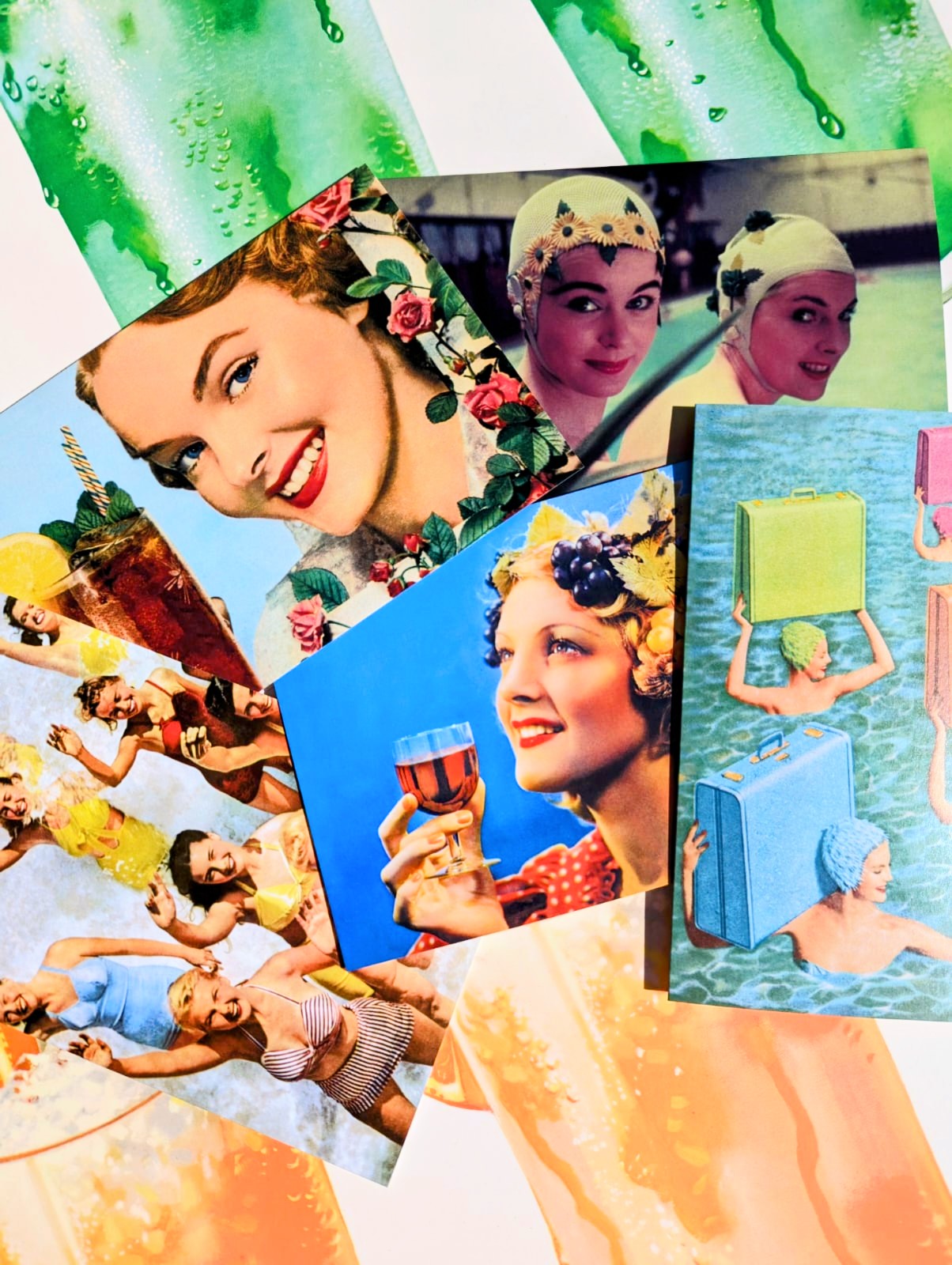 Super summer kitsch classics! Gorgeous ladies doing what they fancy!, cards to bring joy to your swimming and celebrating friends and family!!
Set of 5 cards
17cm x 12cm