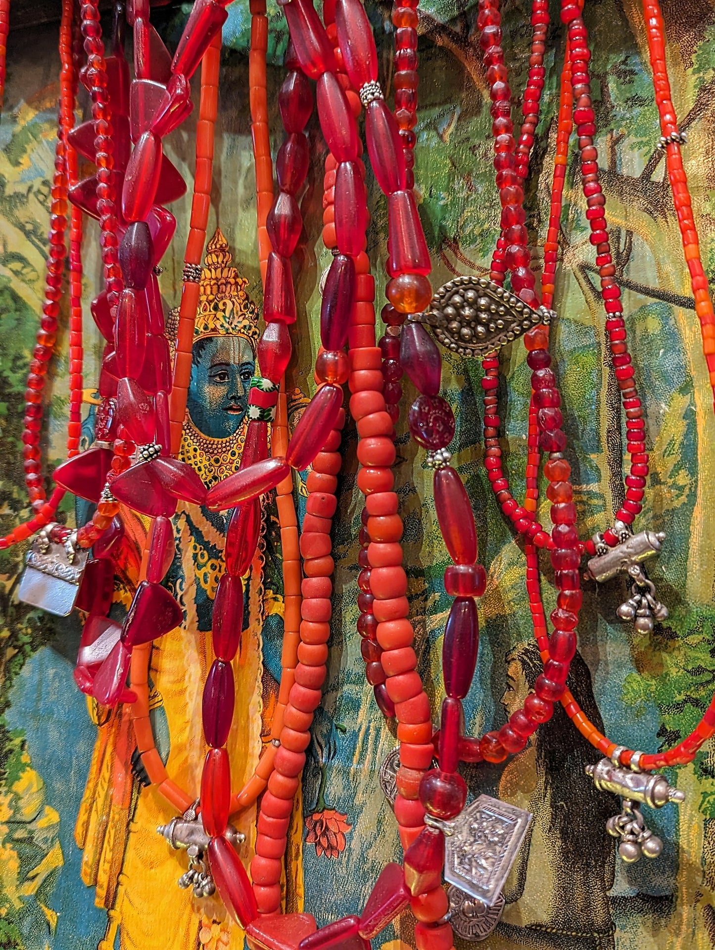 Antique bohemian glass & antique silver necklace - warm tones