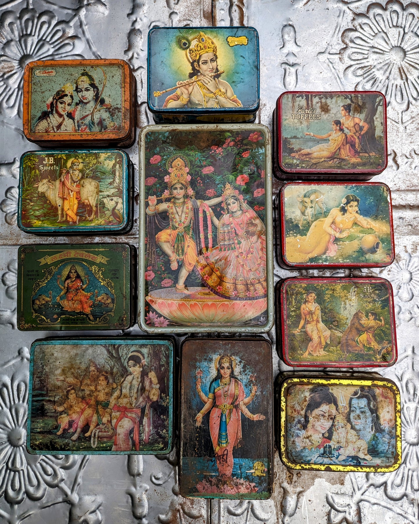 Vintage indian tins - hindu sweets, snuff and such
