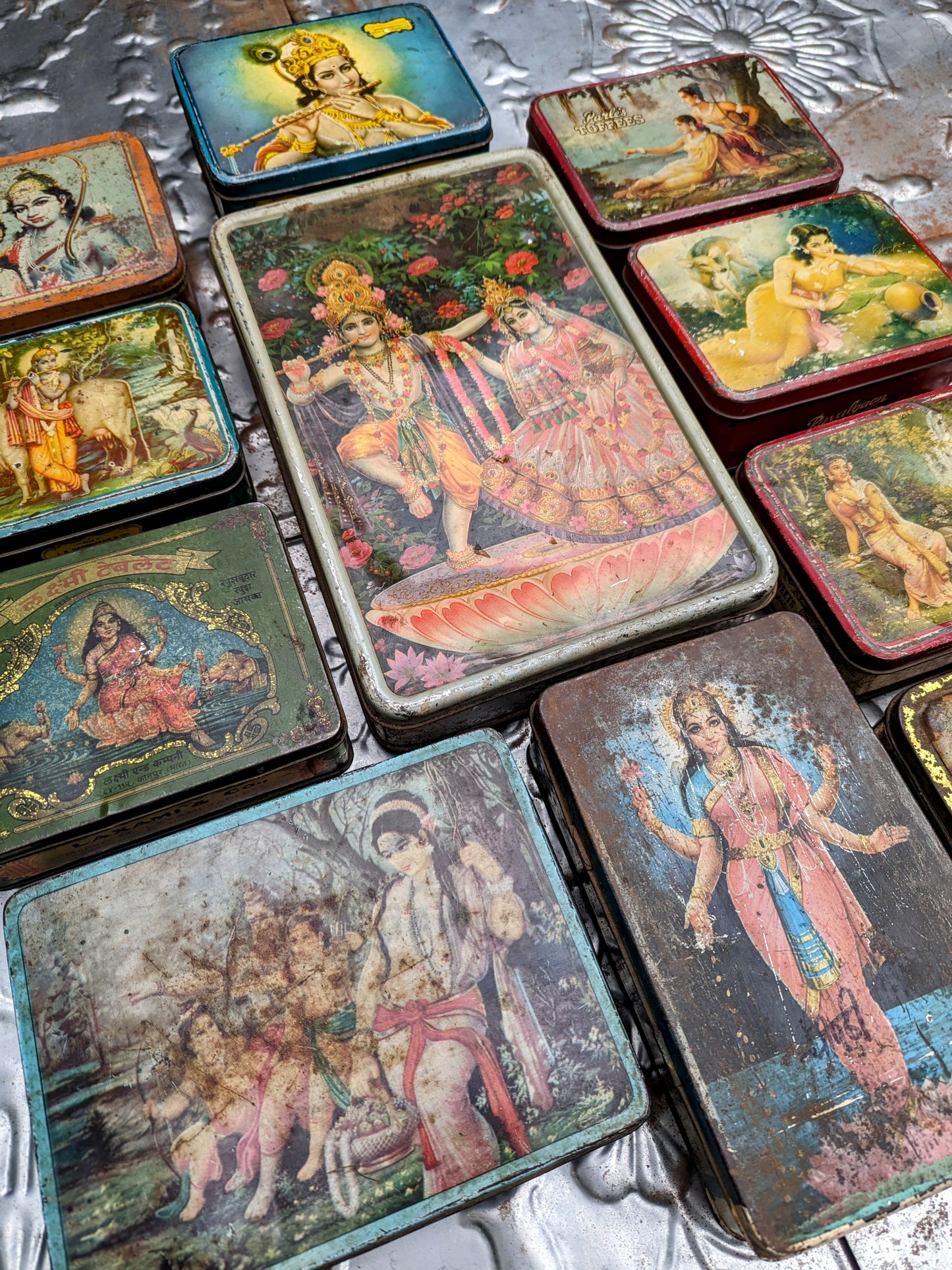 Vintage indian tins - hindu sweets, snuff and such