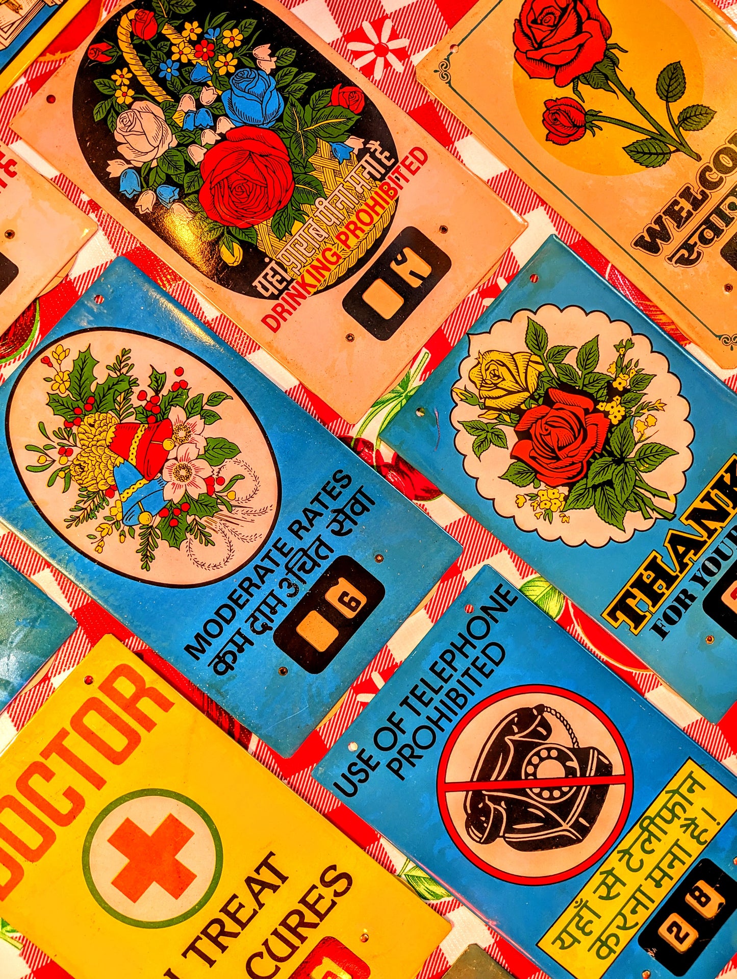 Vintage printed tin signs,most with adjustable calendar numbers,used in small businesses with prohibited and moral messages!!.
Sourced from deadstock 60s, 70s and 80s shop supply factories in Northern India.These are one of the things we most enjoy hunting for and having up all over our homes!!
So many types of printing, typefaces , graphic design styles and sizes......