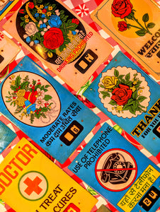 Vintage printed tin signs,most with adjustable calendar numbers,used in small businesses with  prohibited and moral messages!!.

 Sourced from deadstock  60s, 70s and 80s shop supply factories in Northern India.These are one of the things we most enjoy hunting for and having up all over our homes!!

So many types of printing, typefaces , graphic design styles and sizes......
