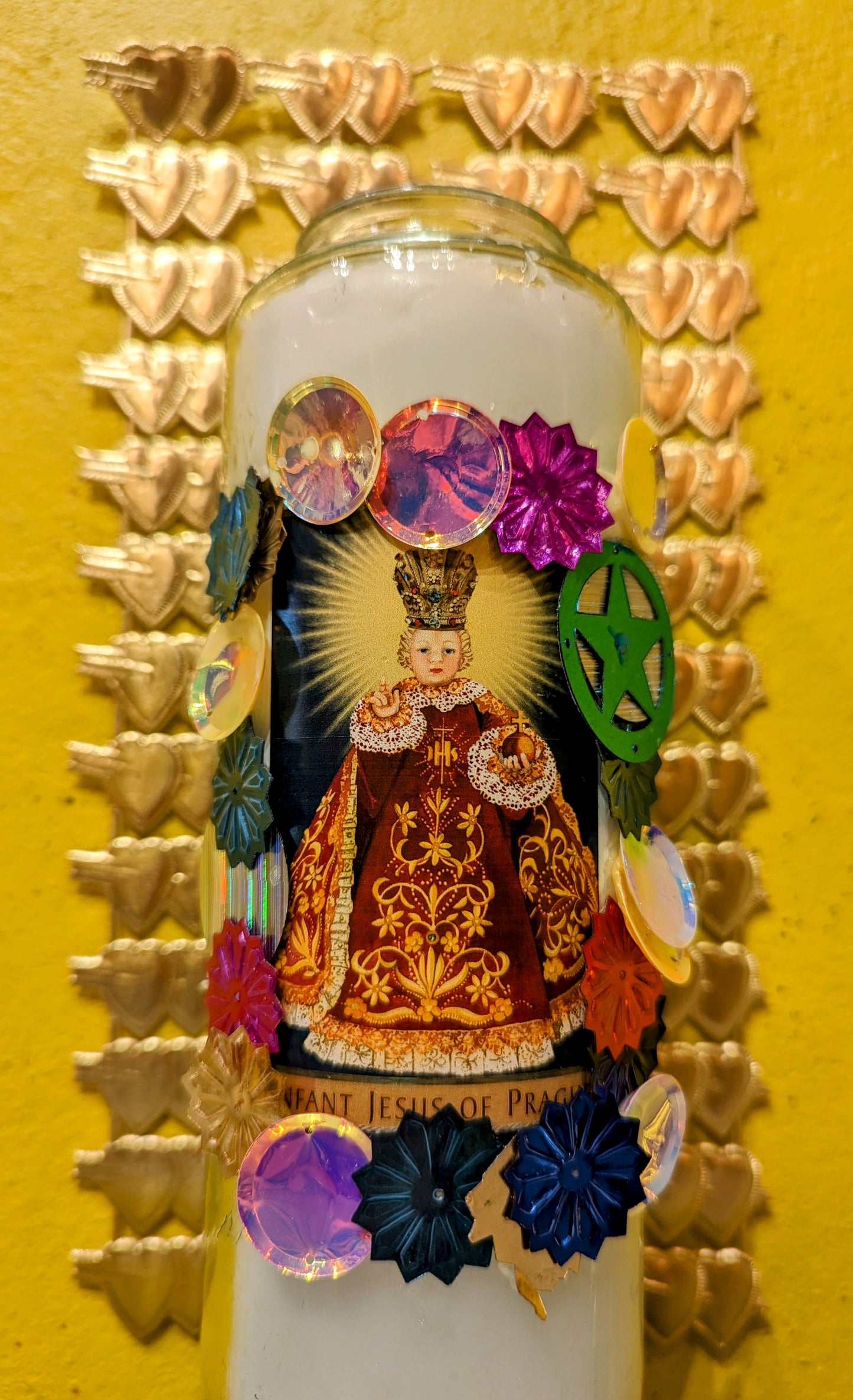 Sacred sequinned candle jars