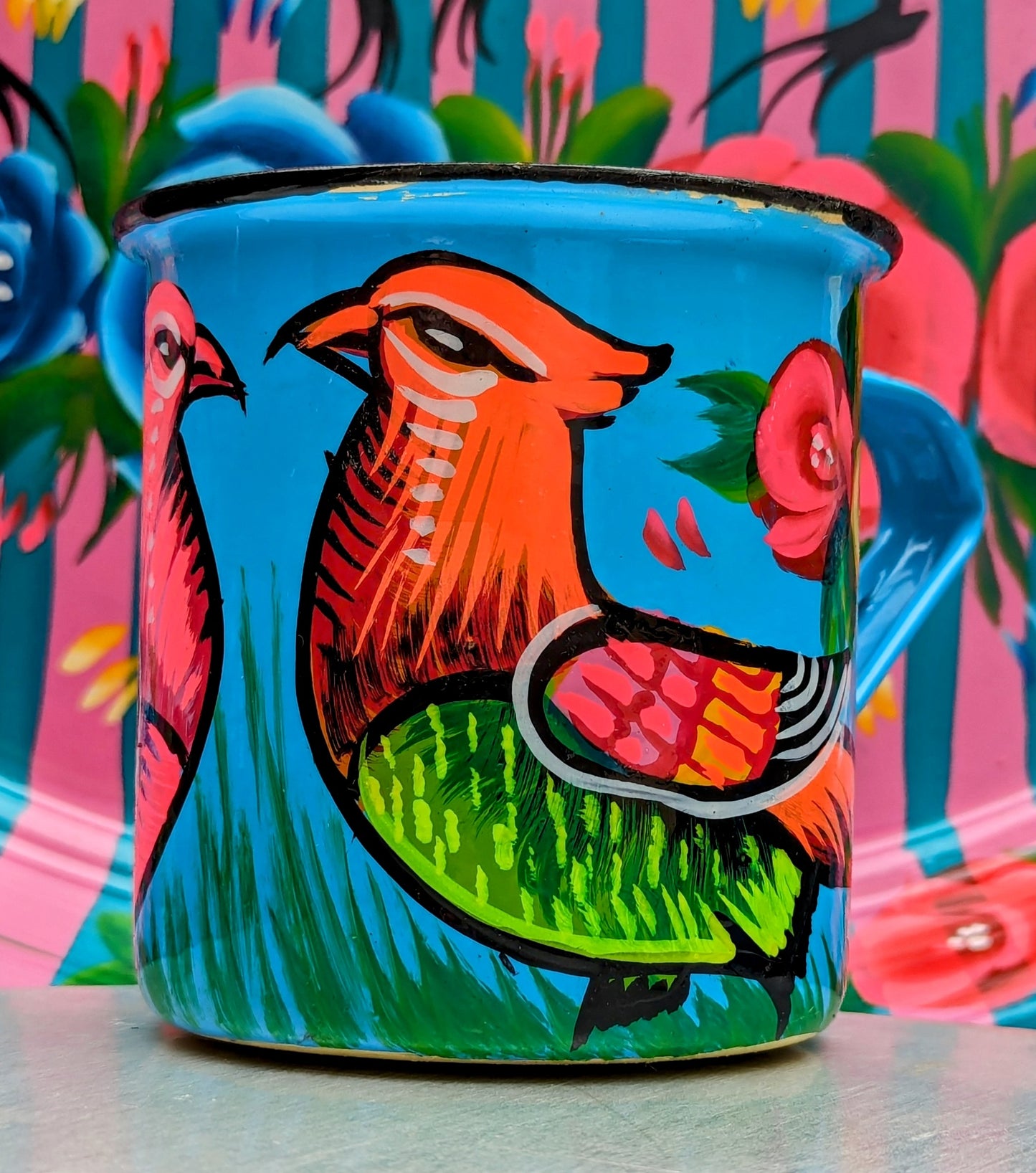 Painted truck art enamel mugs - blues