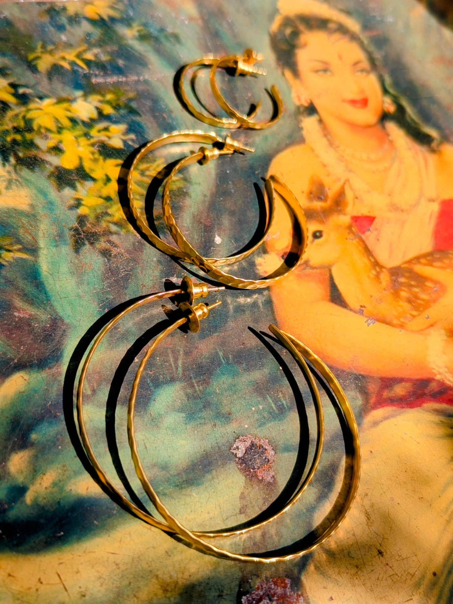 Gold plated hammered brass hoops