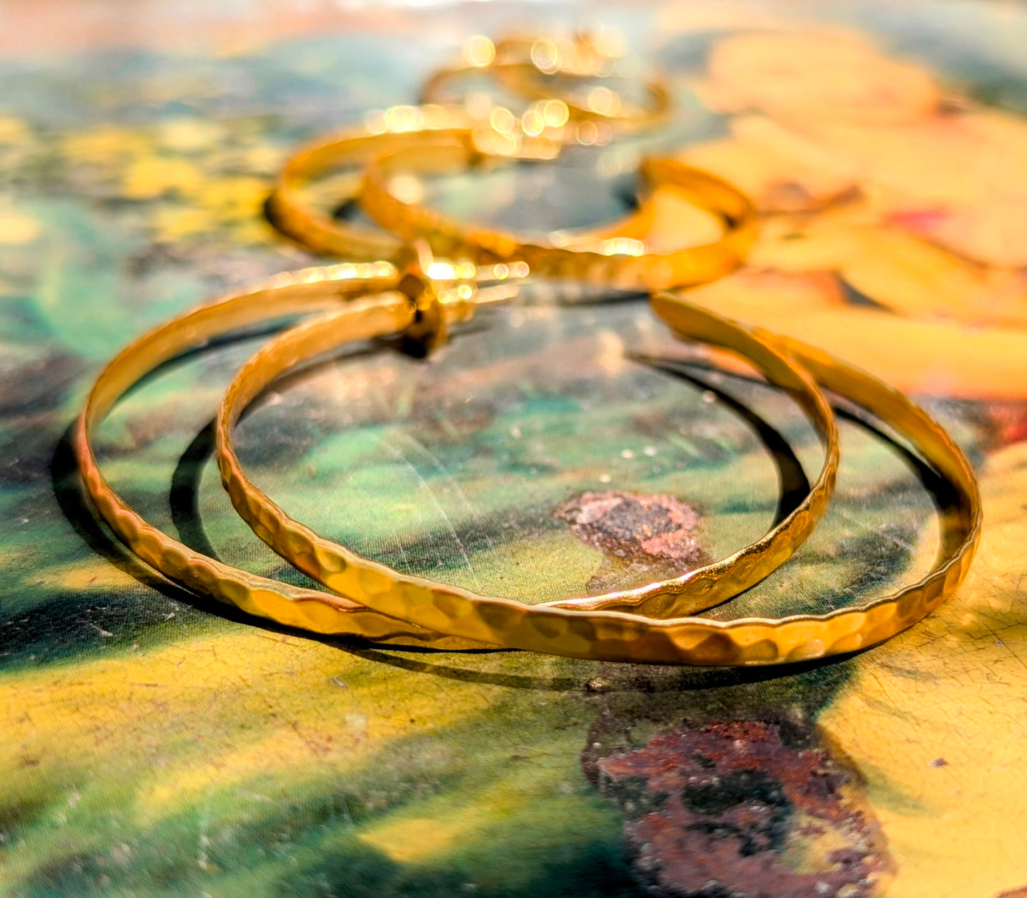 Gold plated hammered brass hoops