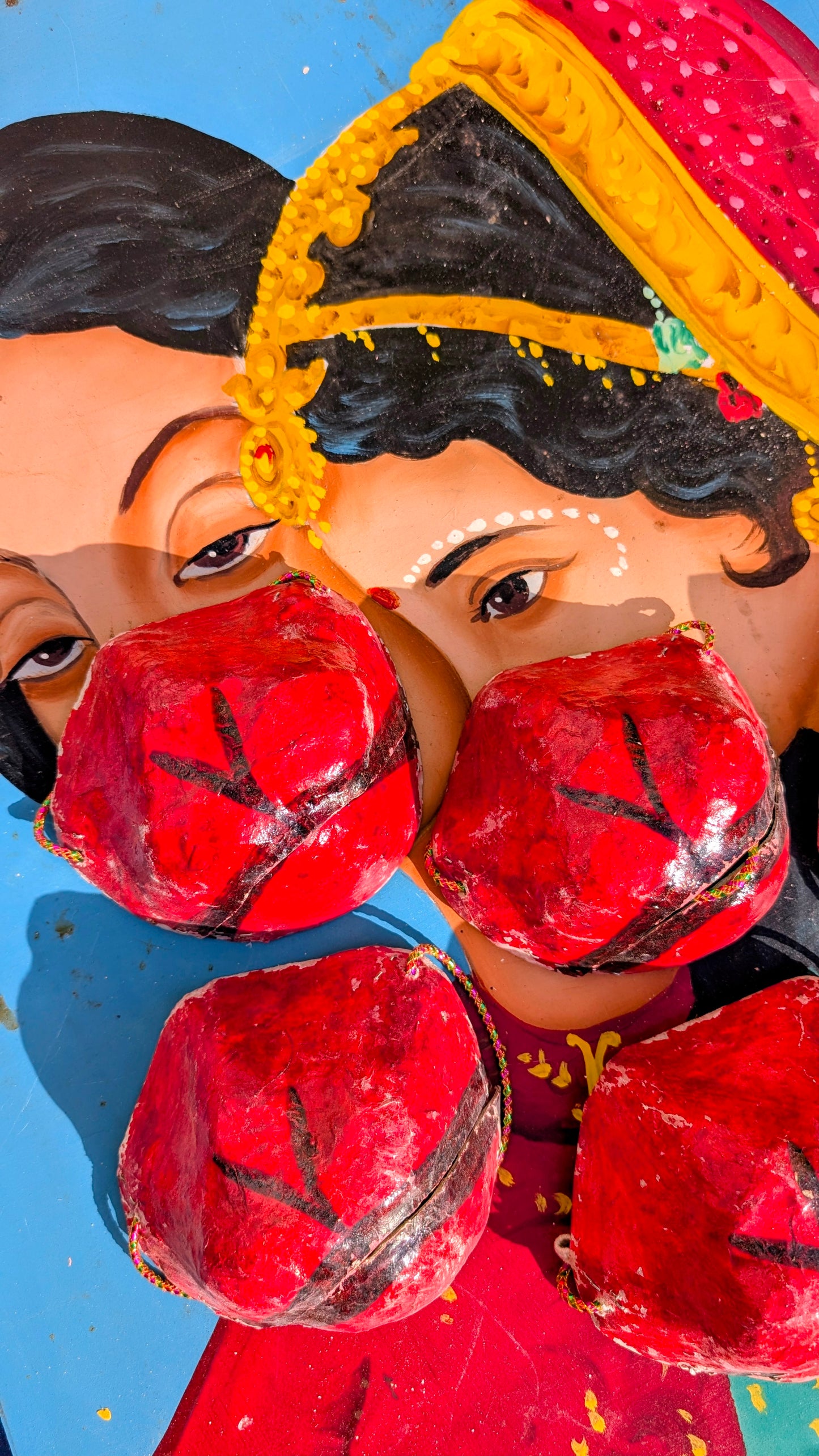 Made by hand from paper mache, these snouts are created for the many hindu festivals in India. A dying art that it sadly being pushed out by the mass produced plastic alternatives coming from China. We always trying to source handmade items and keep these traditions alive, but as most of these aren't made now in Delhi, these are mainly vintage.
These can be worn, all move and open with your mouth ,but are delicate , they look fabulous hung on statues or added to masks too!!
These are genuine folk art piec