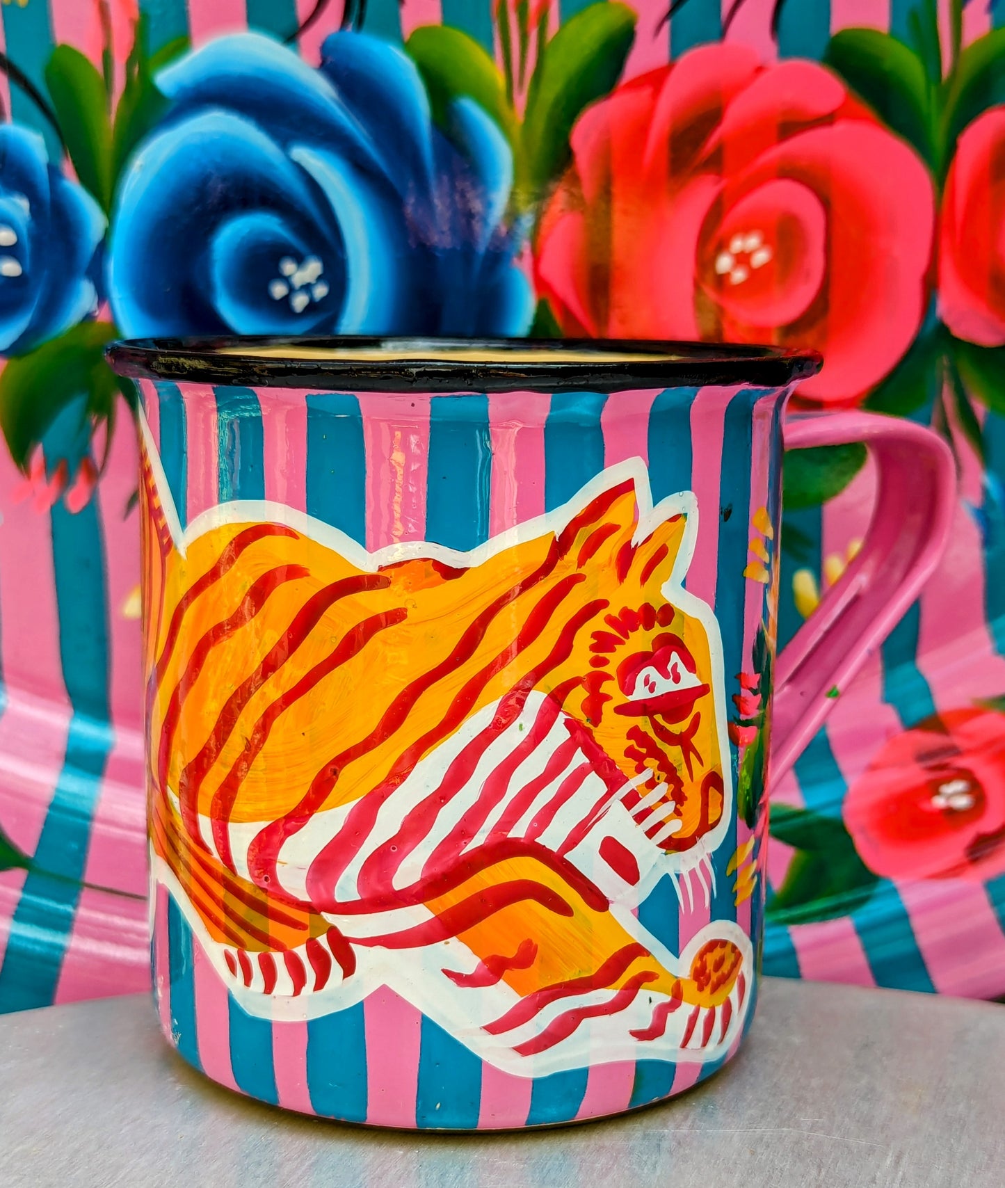 Painted truck art enamel mugs - pink stripes