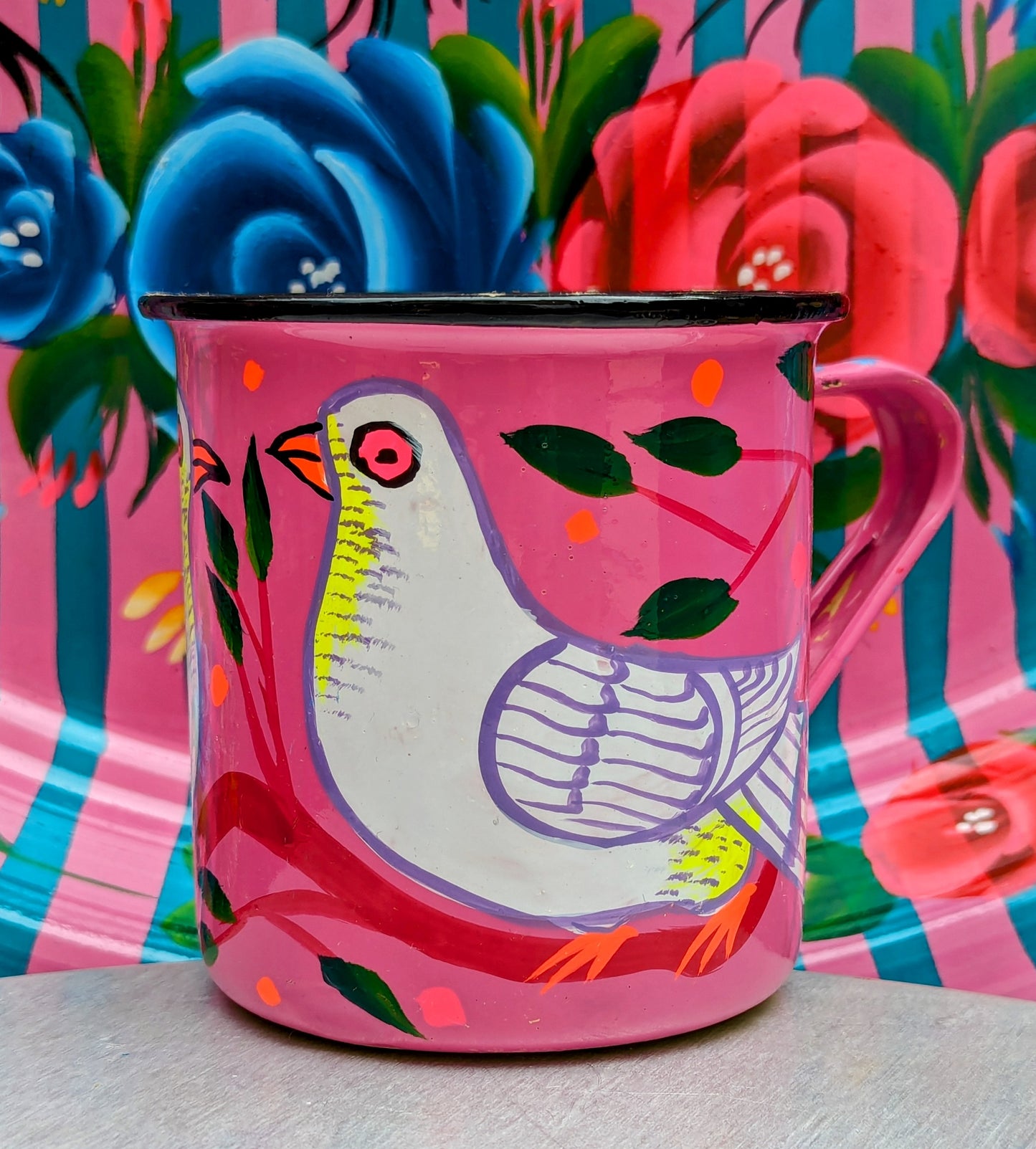 Painted truck art enamel mugs - hot pink