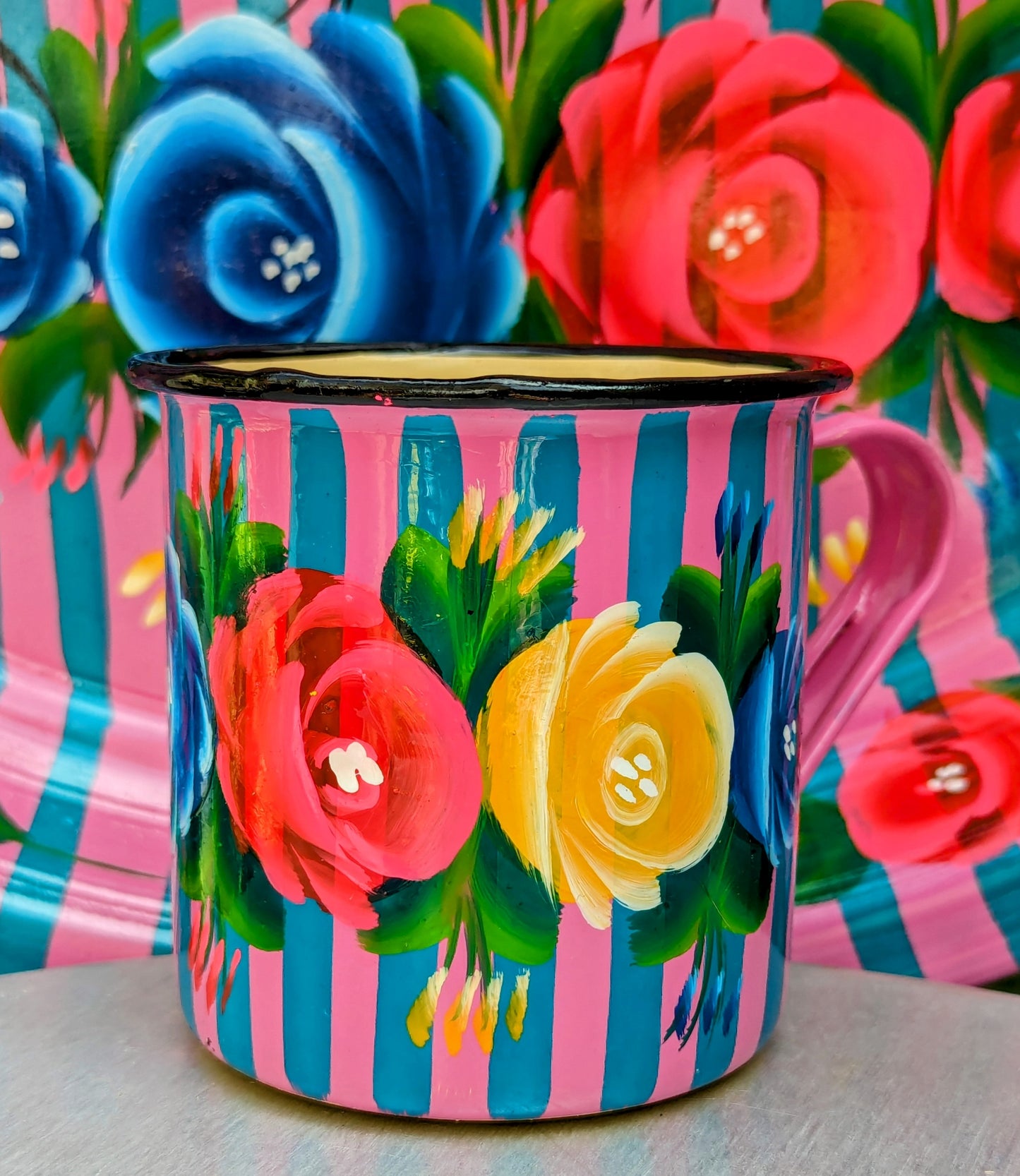 Painted truck art enamel mugs - pink stripes