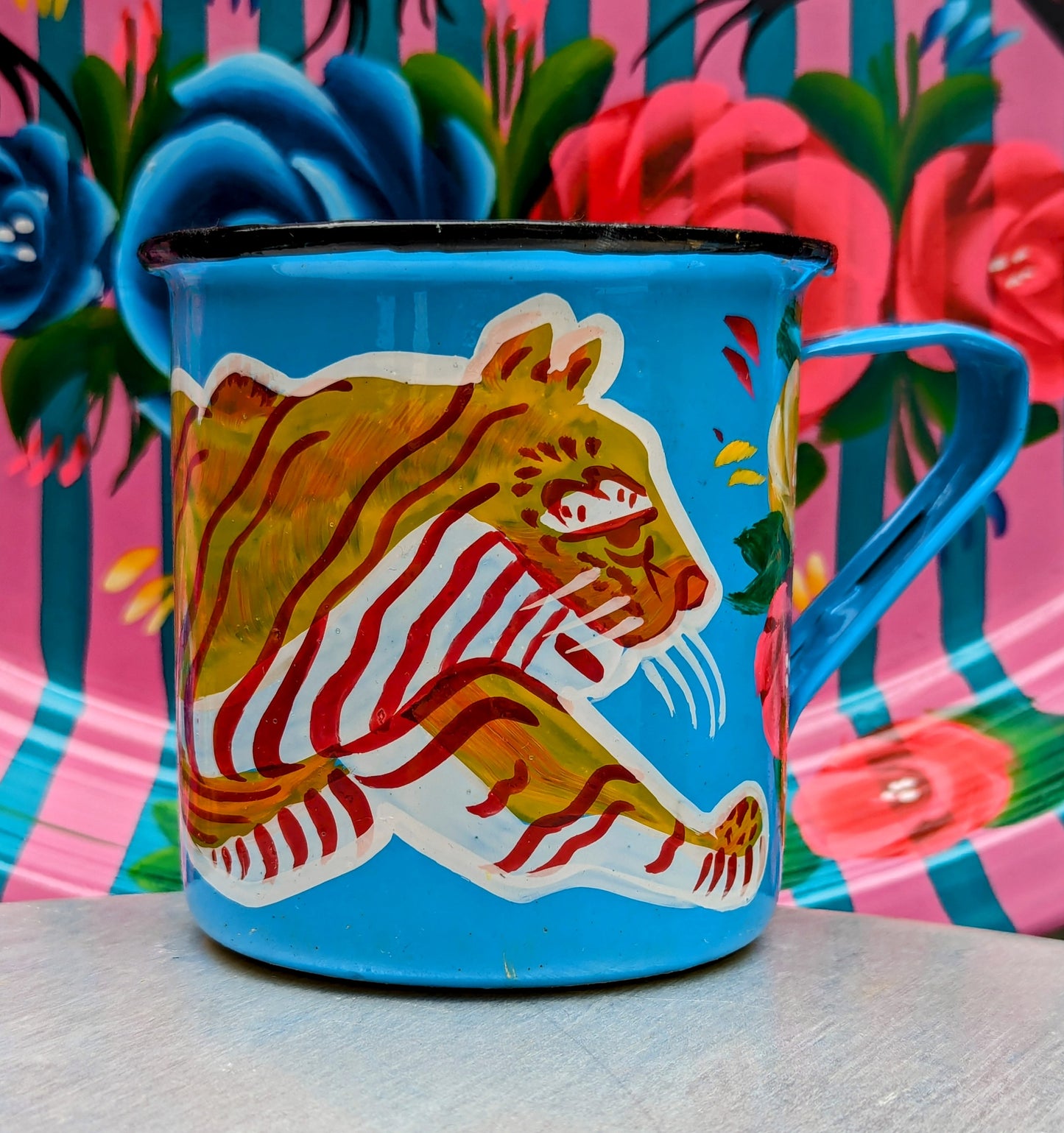 Painted truck art enamel mugs - blues