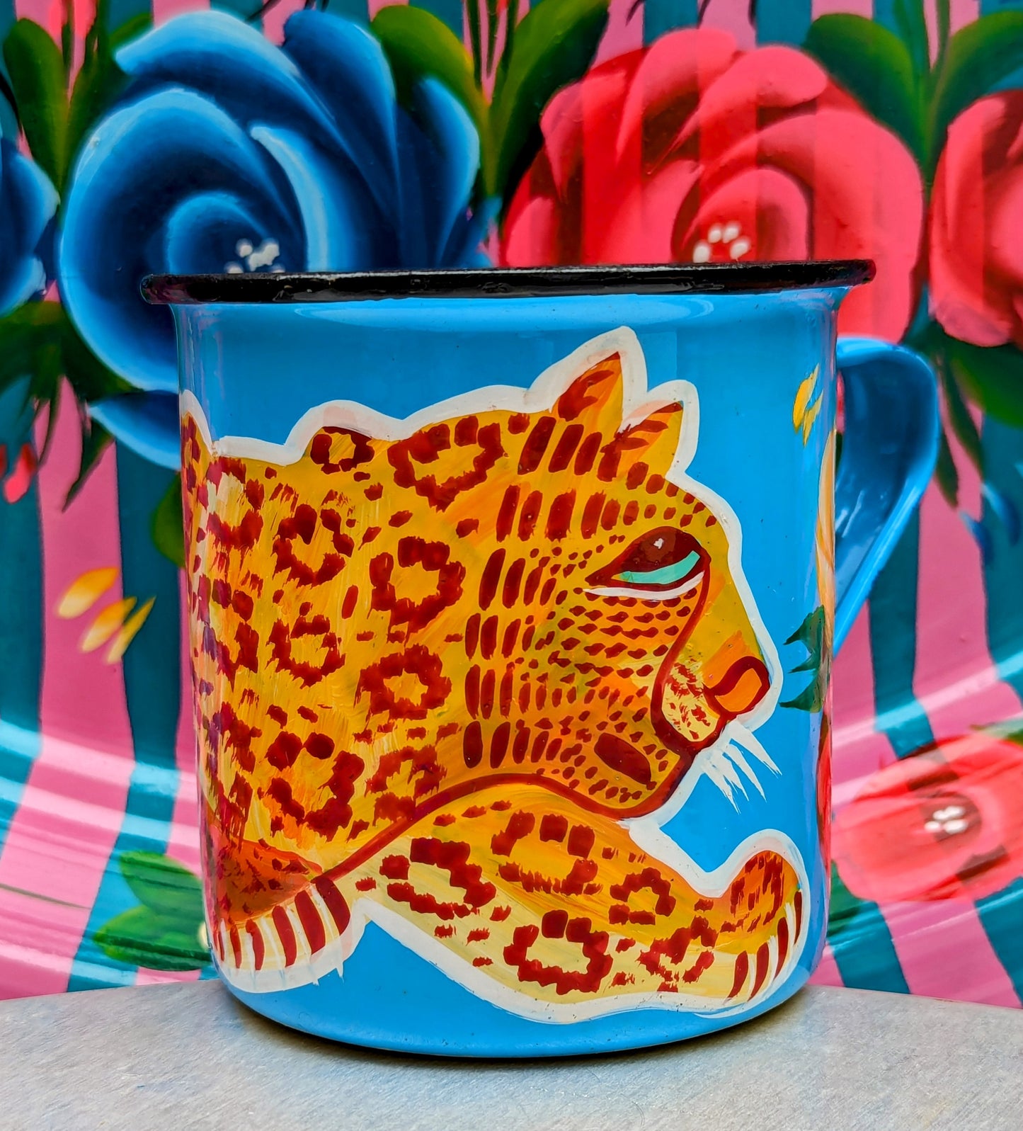 Painted truck art enamel mugs - blues