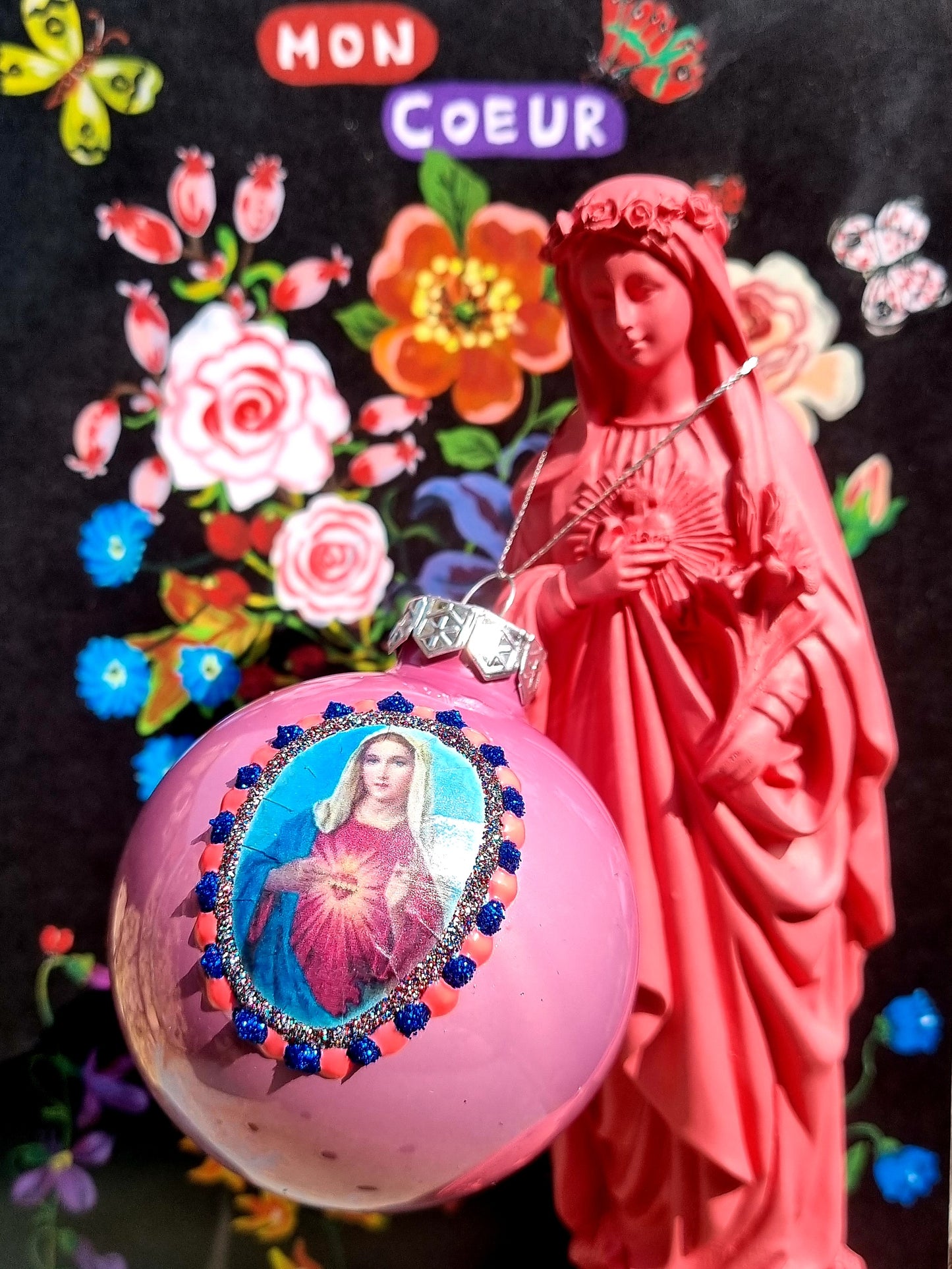 Kitsch catholic glass baubles