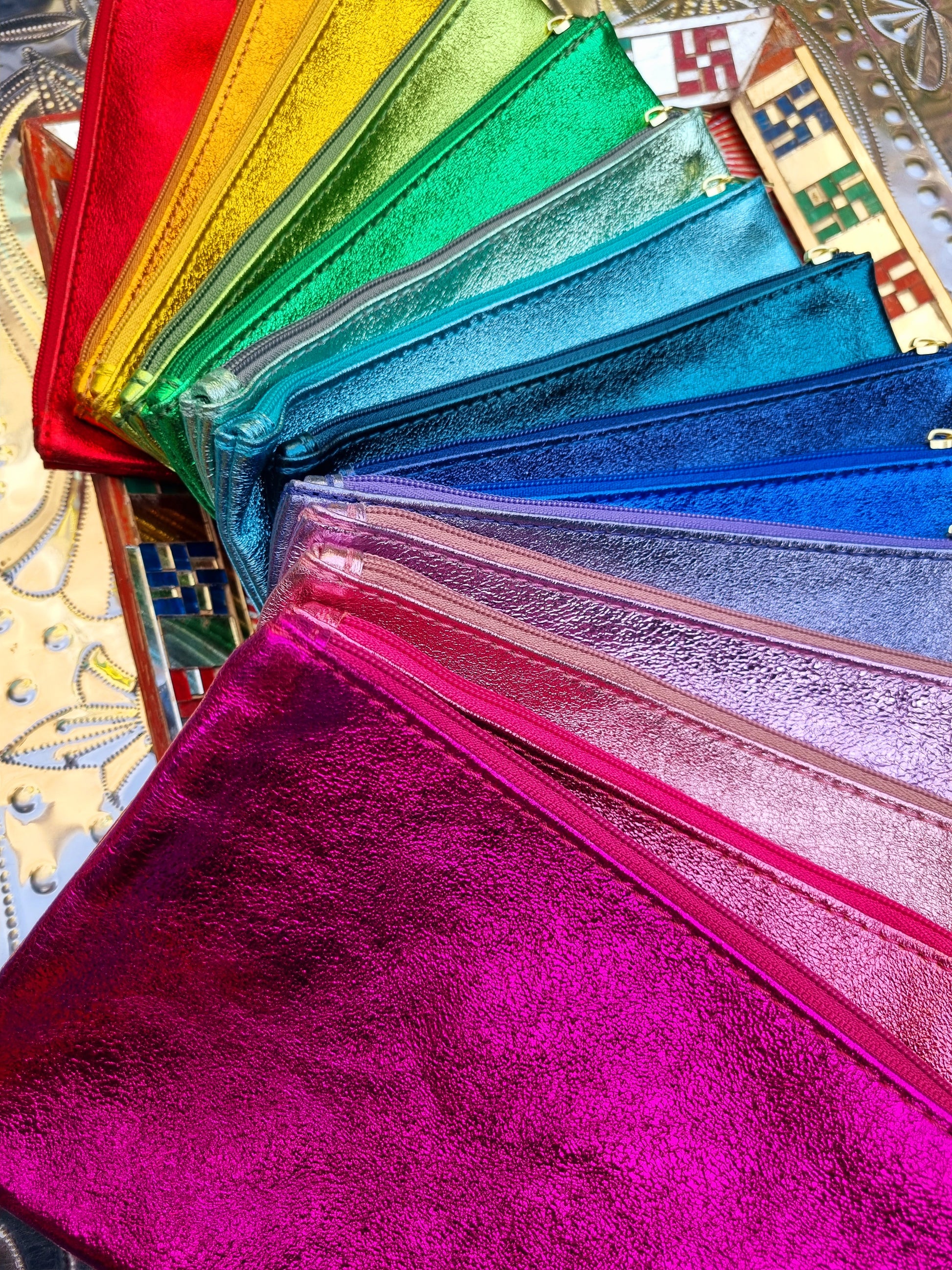 Rainbow metallic leather pouch - large