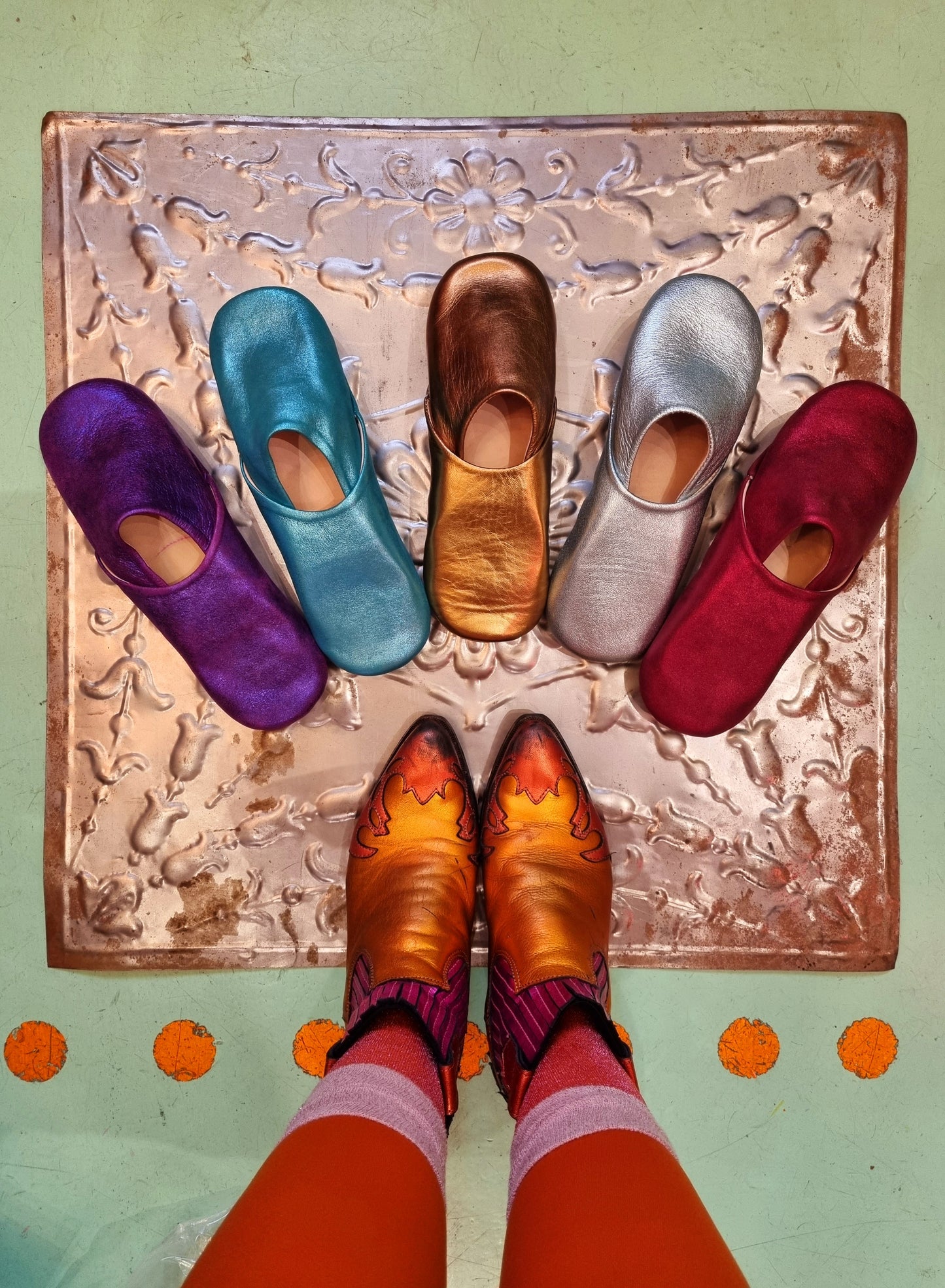 Soft leather metallic slippers .. size 38