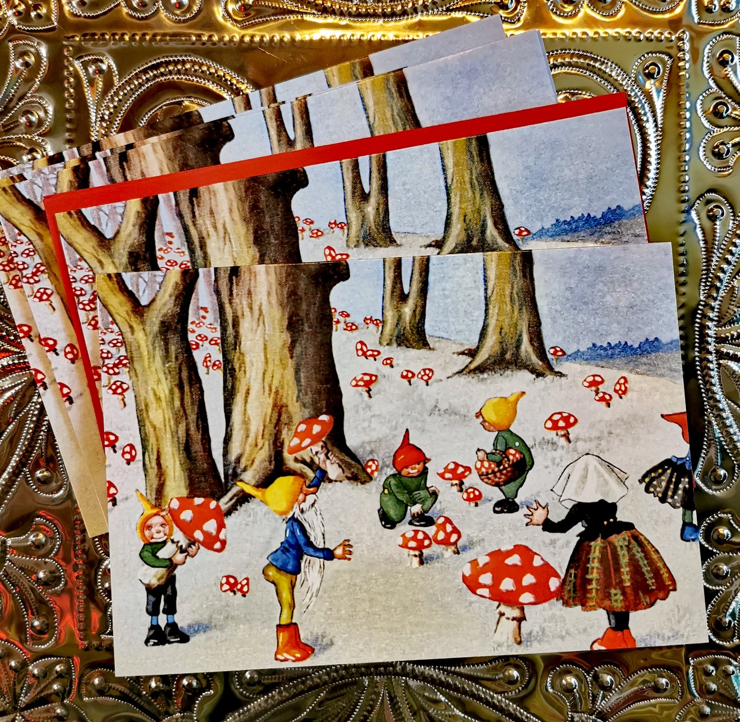 Pack of gnomes picking polka dot mushrooms