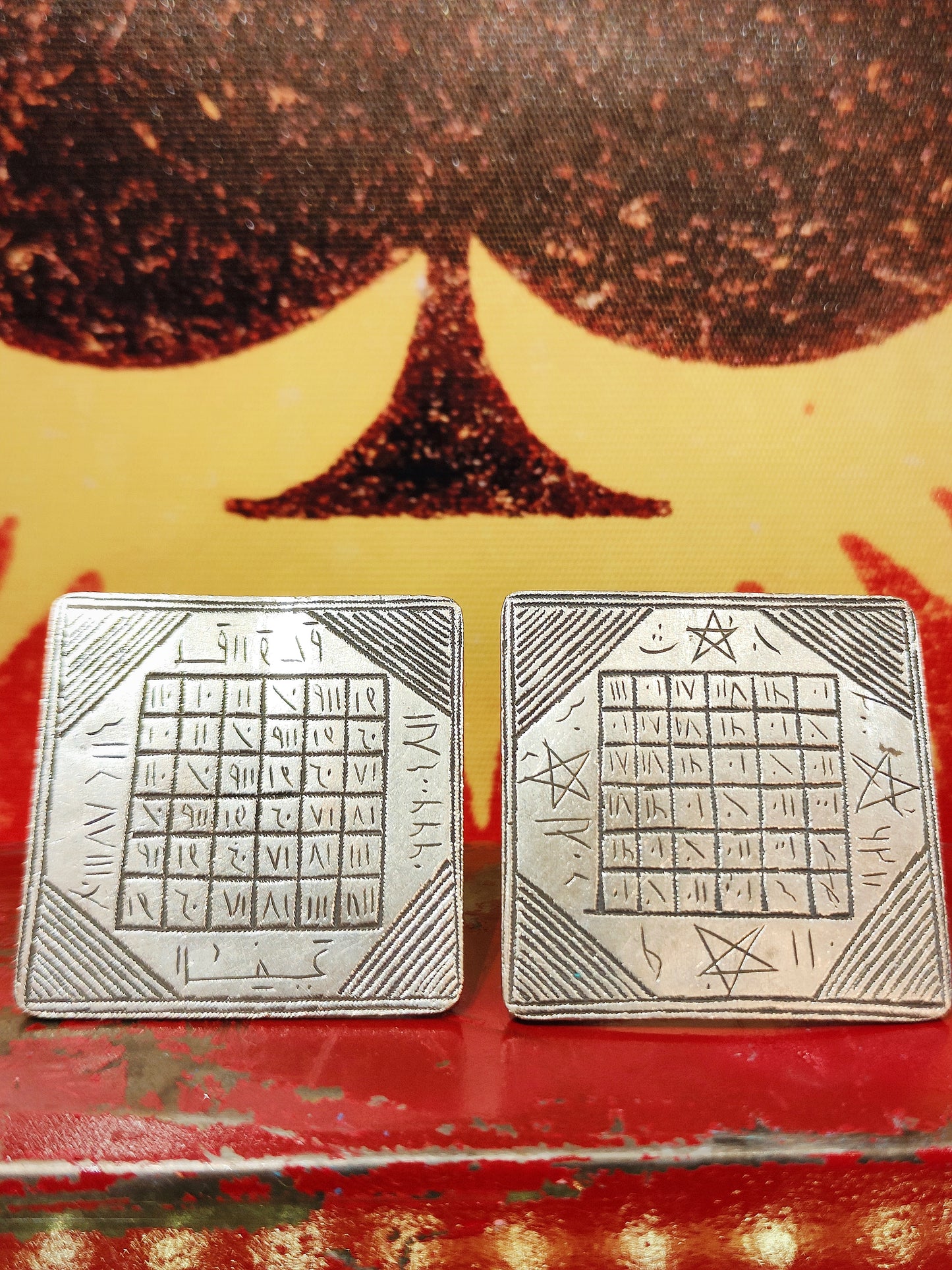 Two fabulous large Marabout rings ,inscribed with magic symbols for protection and status.Worn by the Tuareg, Haisa and Fulani men in Mali and Niger.
Tribal silver traditionally has no hallmarks, but all that we sell have an 80-90% content, as these pieces would have been historically made from old melted down jewellery and coins,and the addition of copper is considered magical in Tuareg jewellery