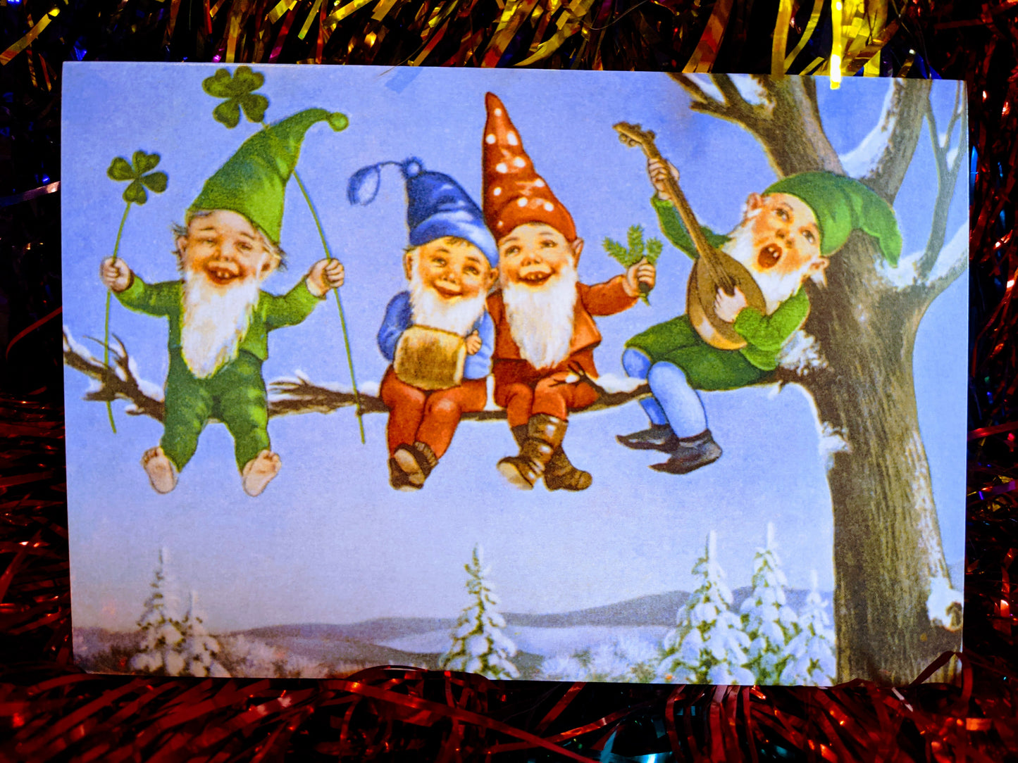 Cheeky christmas gnomes singing carols We think these fabulous cards count as a present too, and look great framed up. single card Dimensions 12 x 18 cm