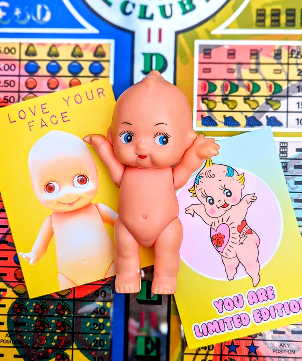 Super kitsch classics! Gorgeous creepy kewpie dolly cards to bring joy to your mad kitsch loving friends and family!!

Set of 2 cards, coloured envelopes.
Bite your Granny cards