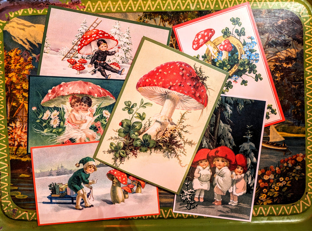 Set of 6 beautiful postcards with images taken from vintage (1910-1930) winter German illustrations of woodland folklore, toadstools and cute kids!....all our favourites!! 

Postcards come with  coloured envelopes.

 

