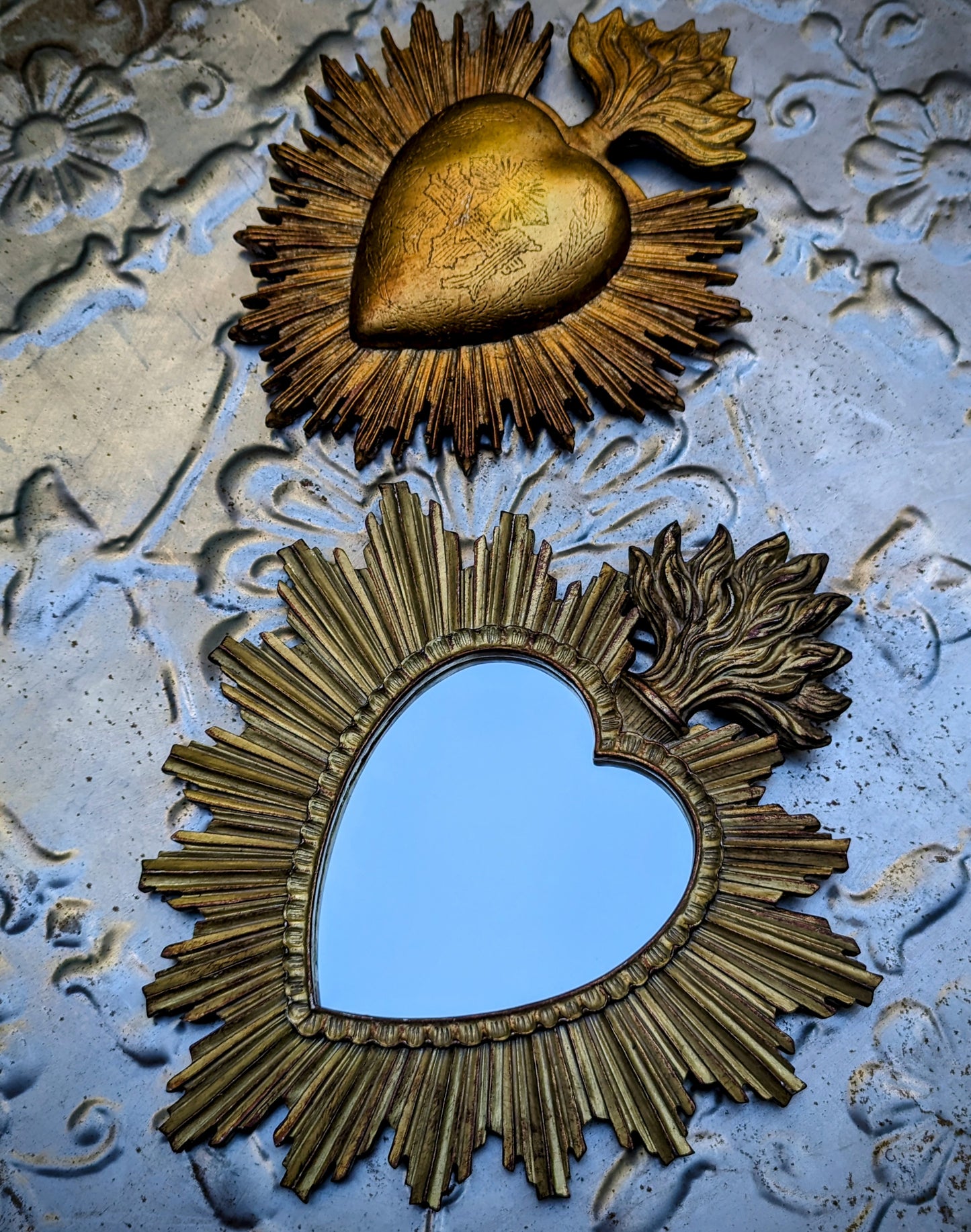 Antique gold heart mirror and plaque