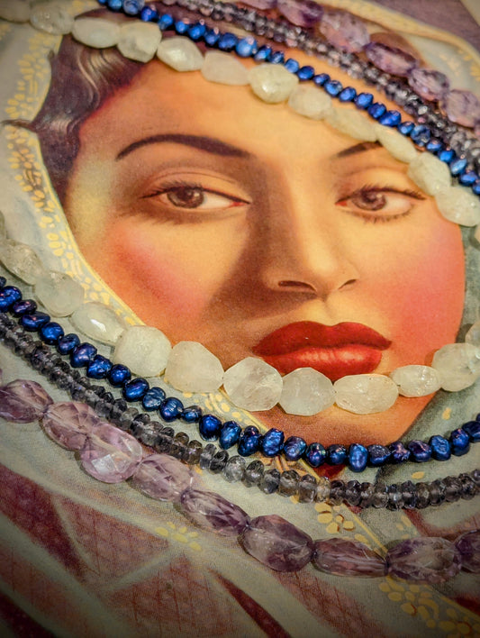 Gorgeous cool blue precious and semi-precious stone bead necklaces hand cut in India.

Aquamarinesto amethyst, all our favourite fresh and bright blues.

Necklaces threaded on tiger tail, by us here at Blackout and finished with silver S hook findings and a silver Hill Tribe charm.