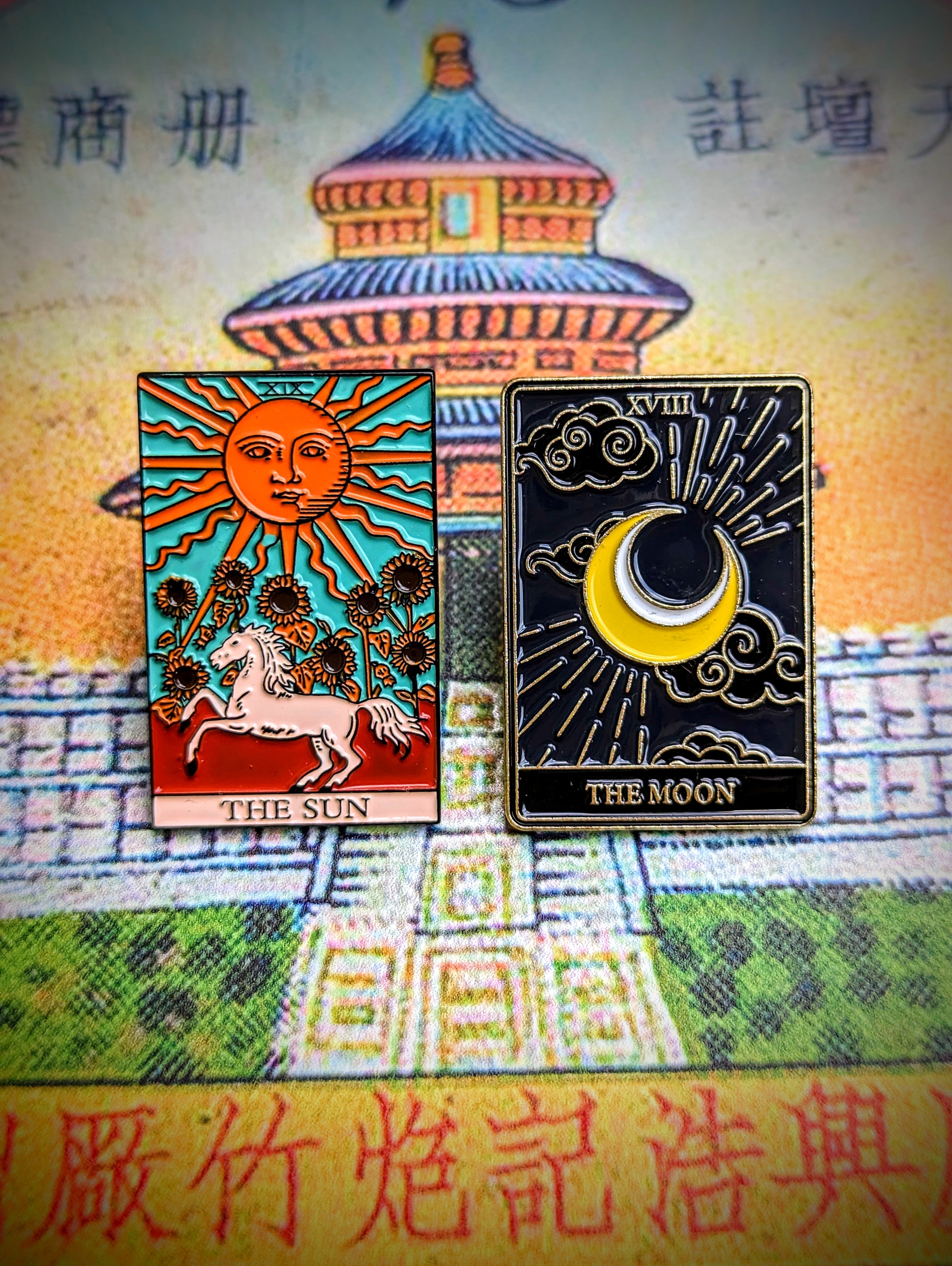 Tarot cards . pins . enamel pins. Celestial. Sun pin. Moon pin.