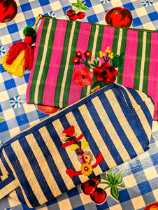 Candy stripes and bright checks in these embroidered super strong , washable make-up/wash bags.

Recycled Polypropolene

Cotton embroidery 

Pink/ green embroidered with flowers 28 cm x 20 cm

Ble/white embroidered with a floral anchor. 26 cm x 14 cm x 12 cm.
Rice DK
Noi Hamburg
