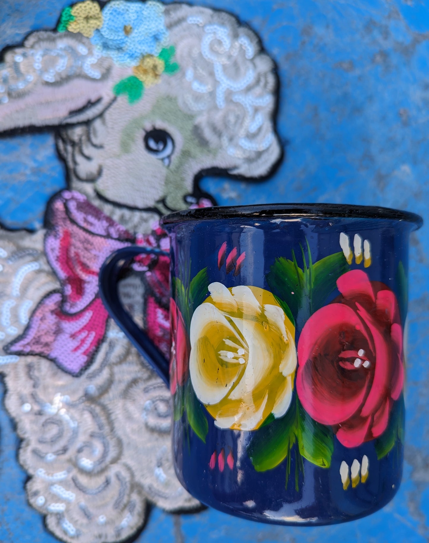 Painted truck art floral enamel mugs