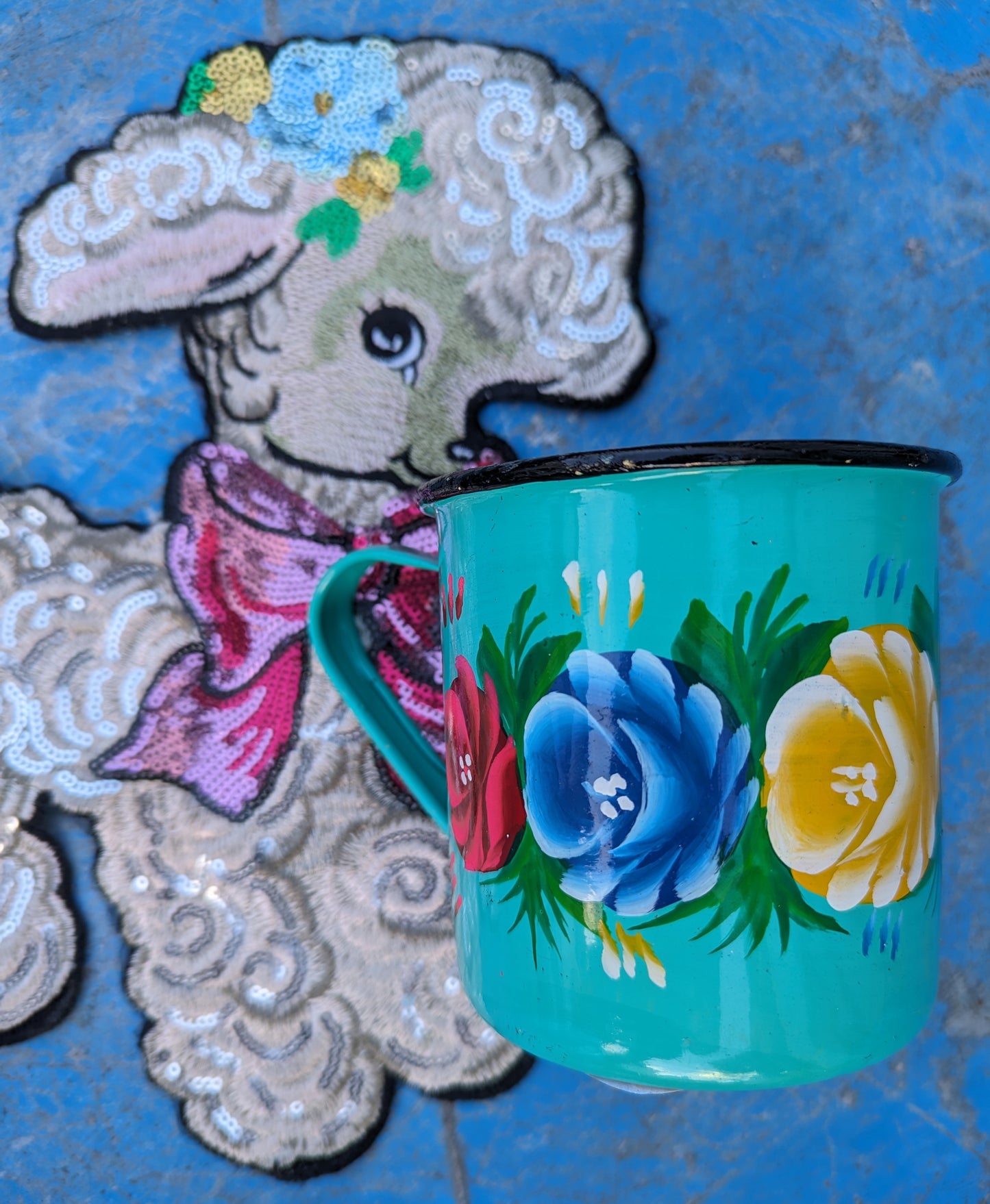 Painted truck art floral enamel mugs