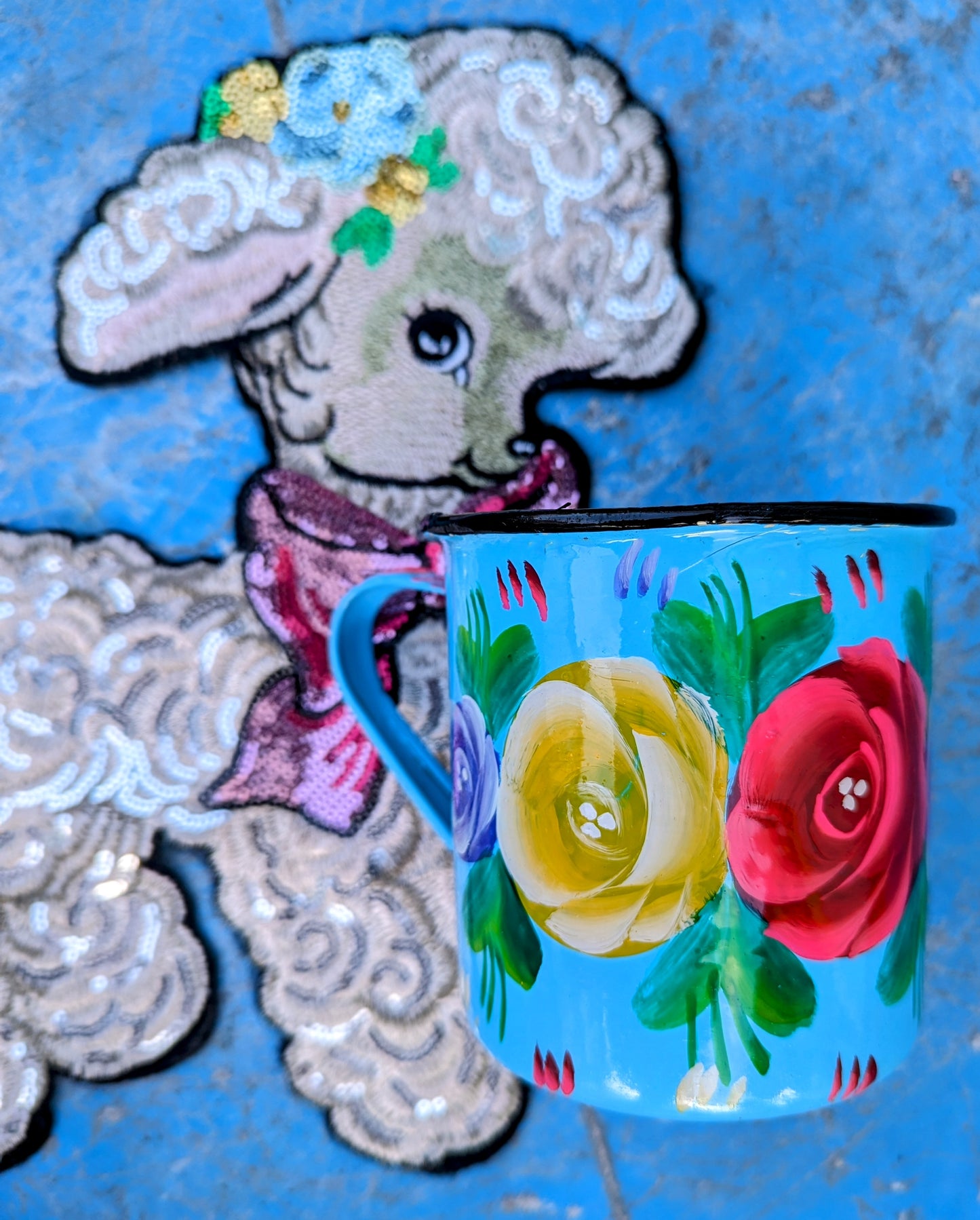 Painted truck art floral enamel mugs