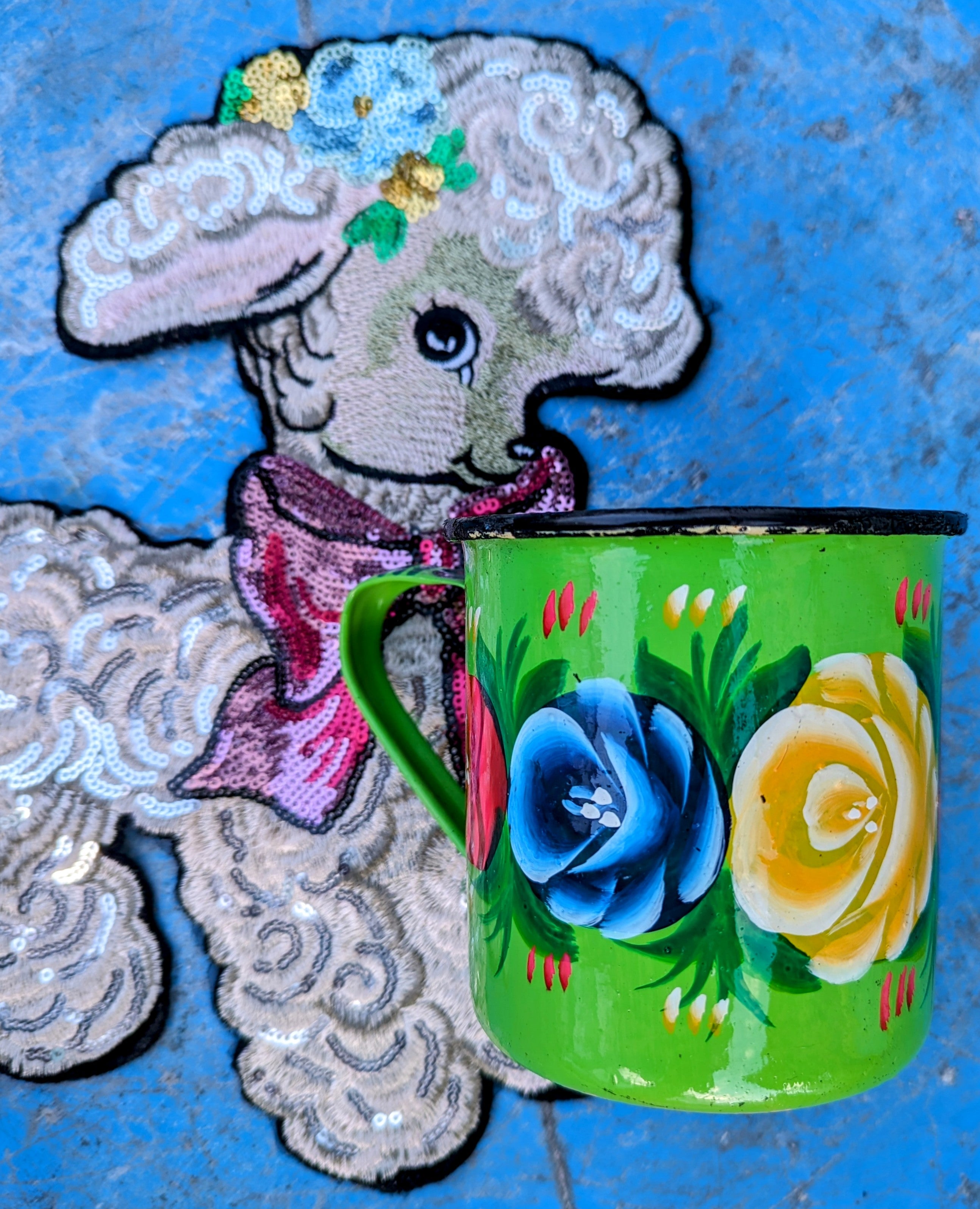 Painted truck art floral enamel mugs