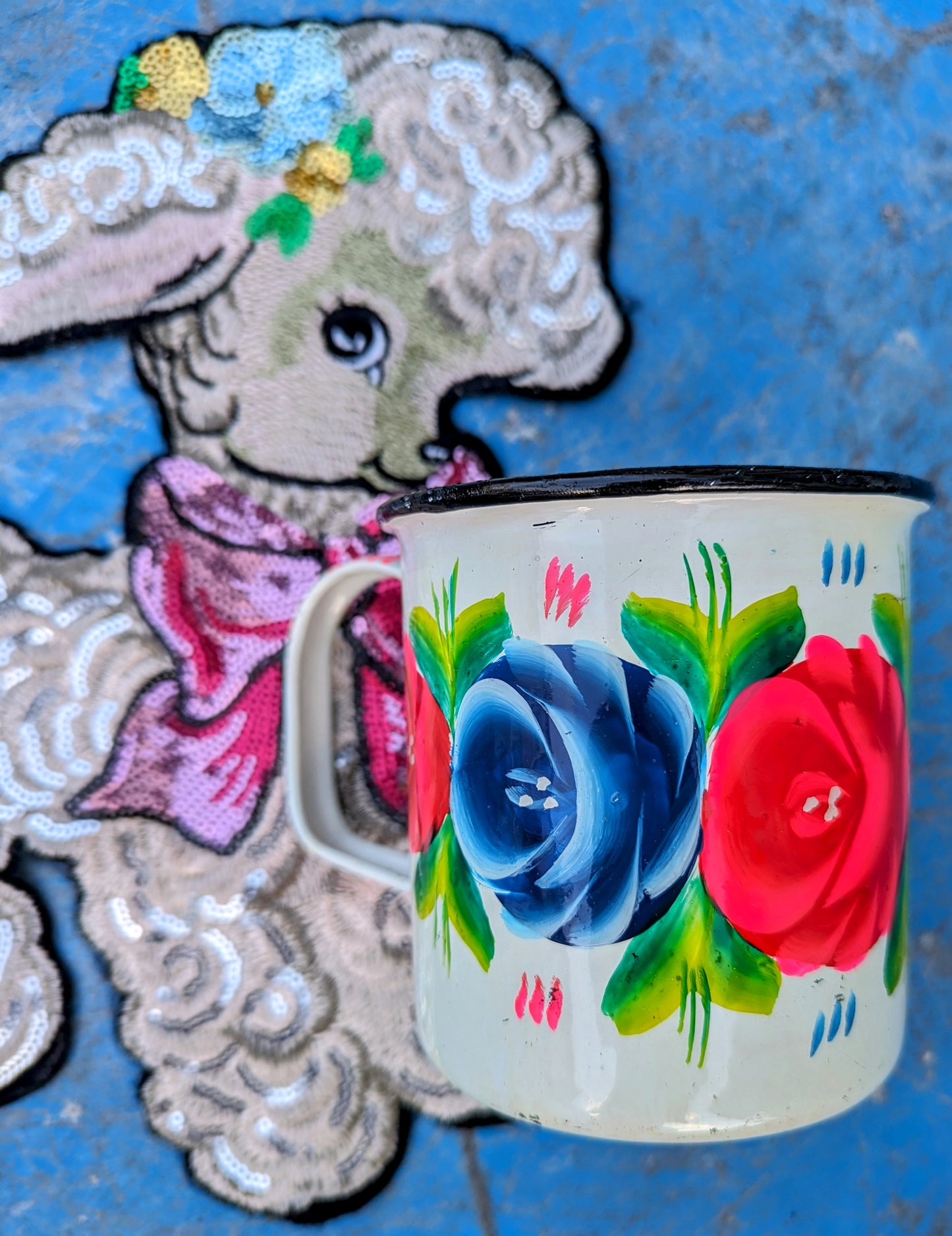 Painted truck art floral enamel mugs