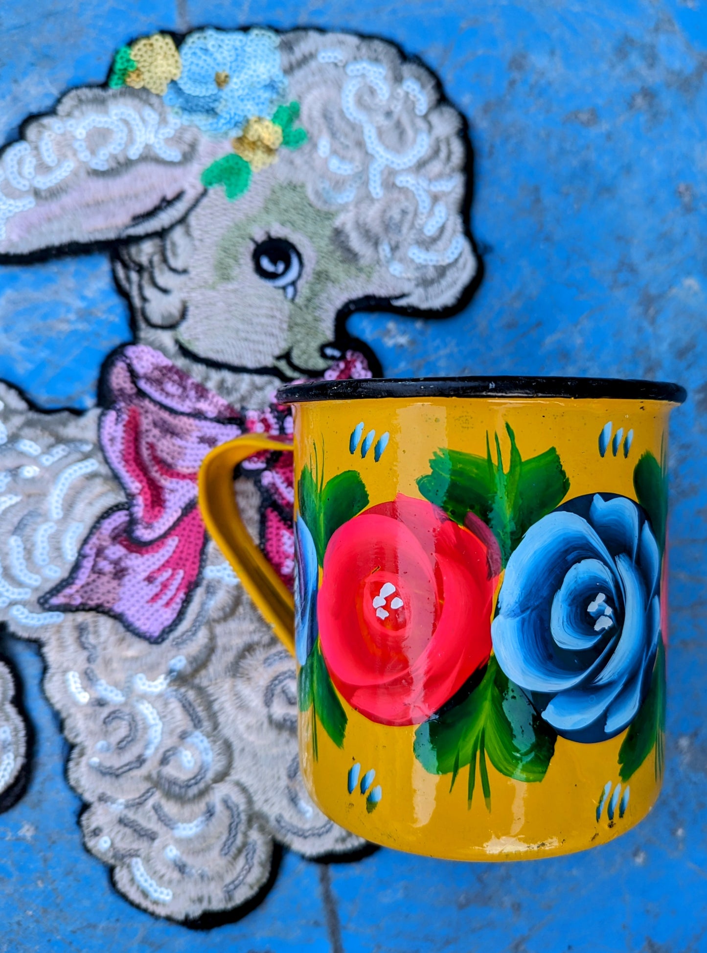 Painted truck art floral enamel mugs