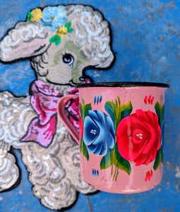 Painted truck art floral enamel mugs
