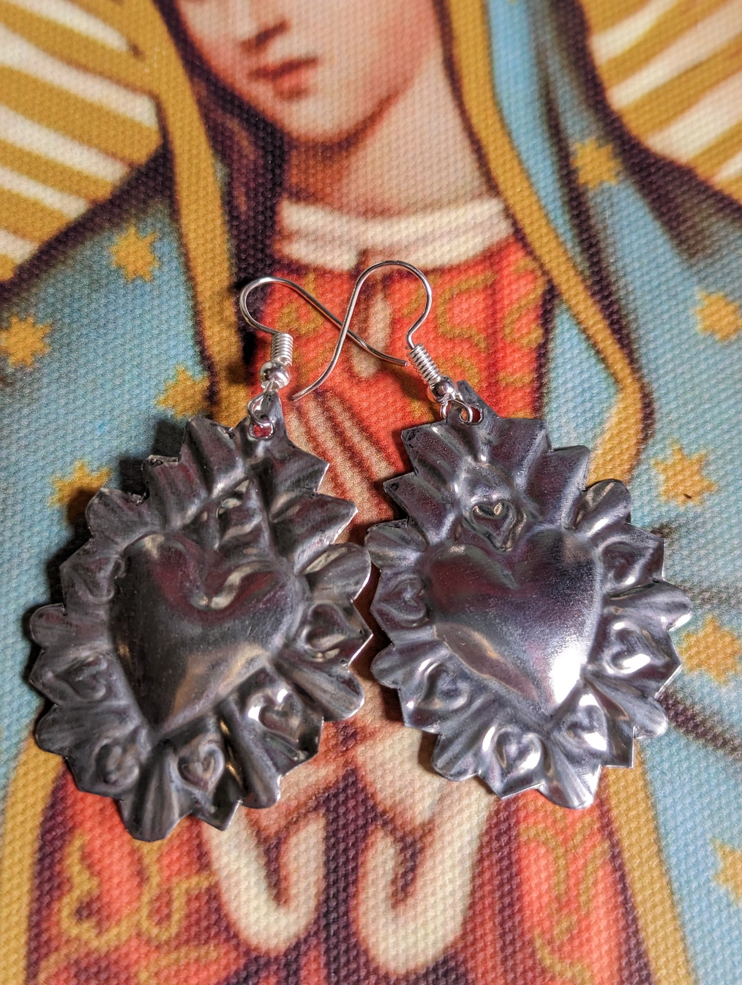 Mexican tin sacred heart earrings