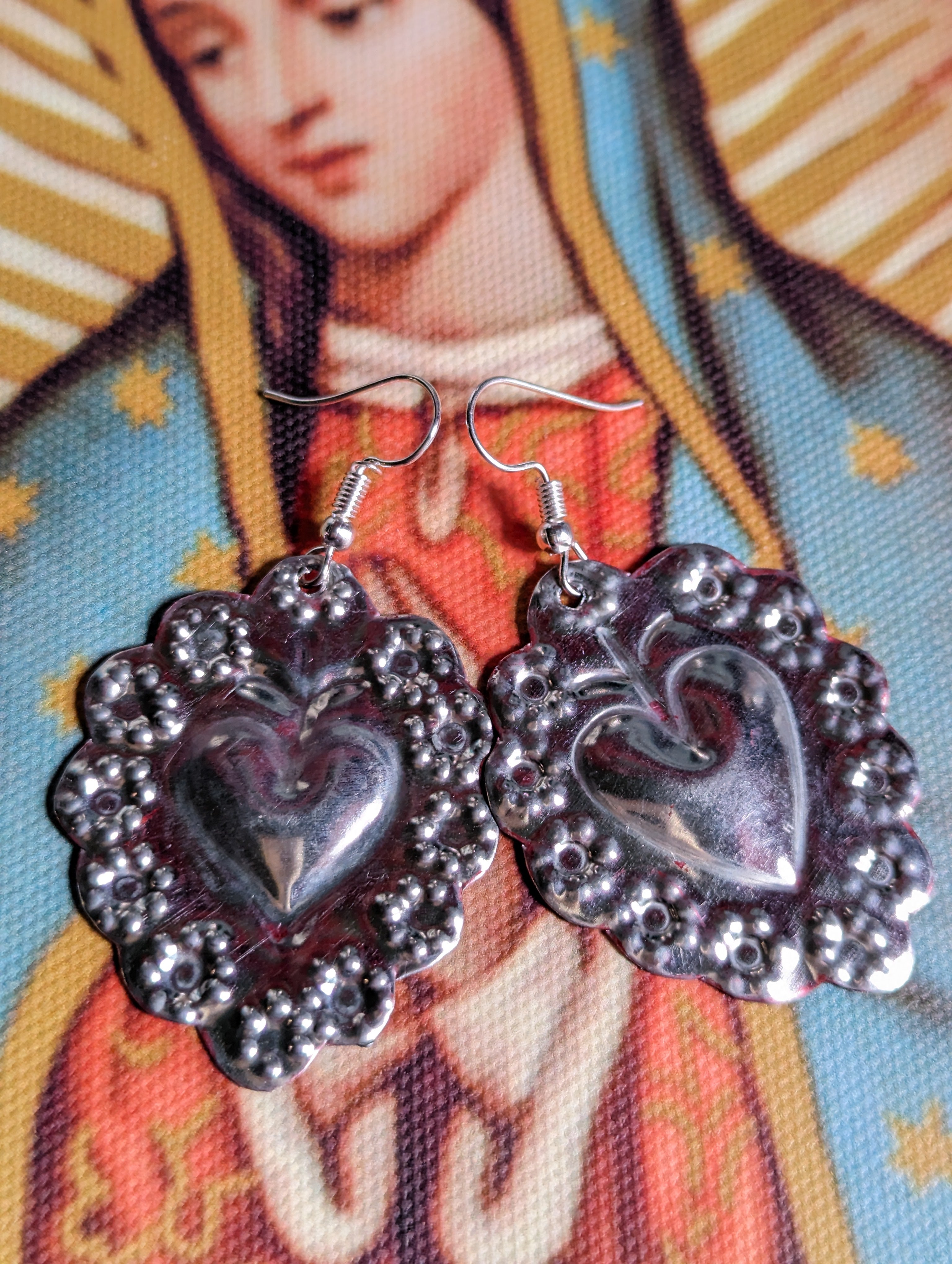Mexican tin sacred heart earrings