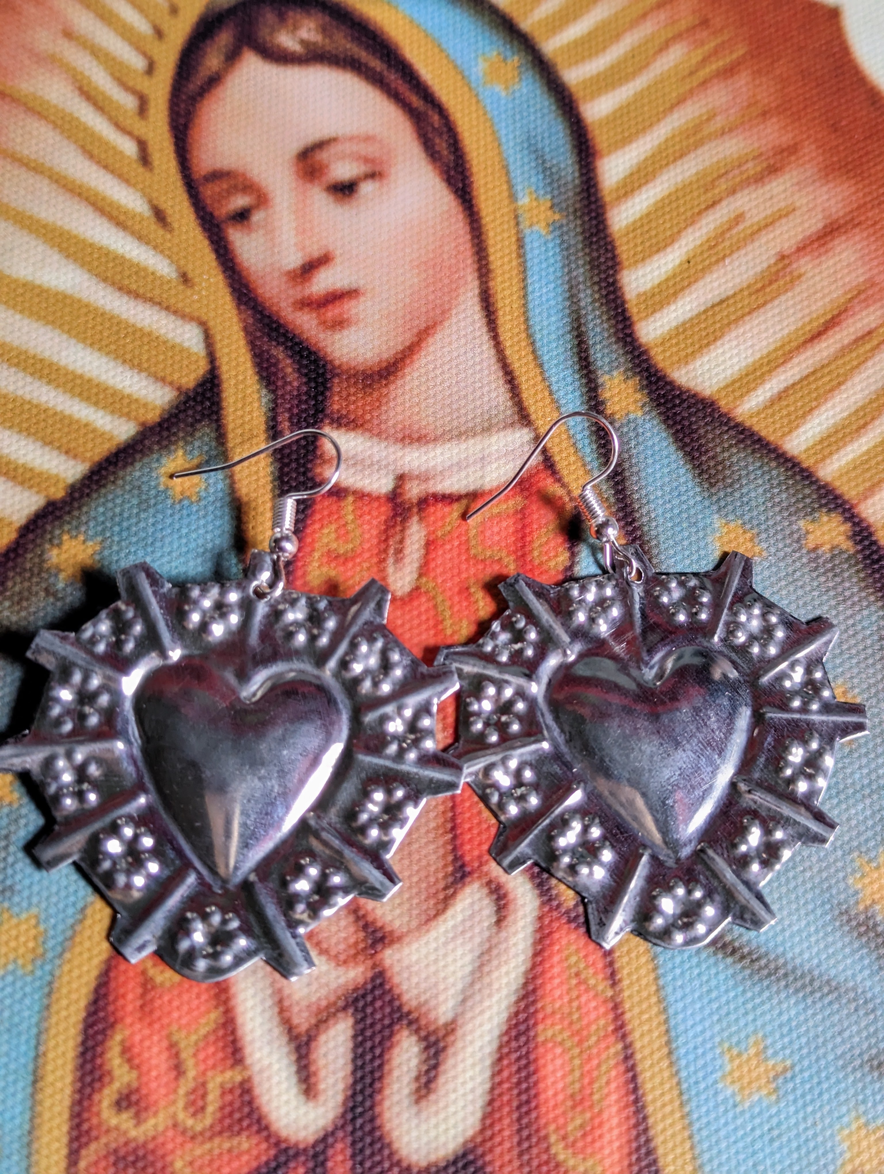 Mexican tin sacred heart earrings