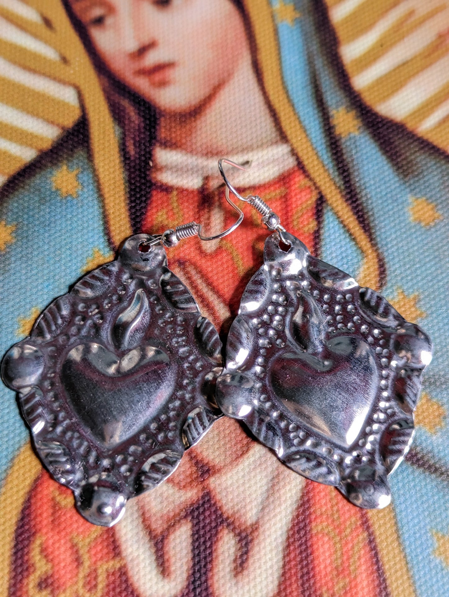 Mexican tin sacred heart earrings