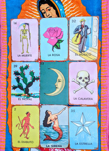 Mexico most iconic Loteria game pieces on a tin sign! 

Great up on the wall or even tile behind a sink or cooker with them for a bit of eye joy!! And ....how good would they look in a Mexican cafe???!!!!

20x30cm

Printed tin

Not original vintage.