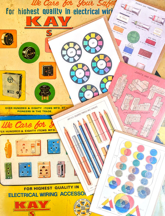 Set of 5 beautifully printed cards featuring Victorian illustrations of artists equipment, colour theory and woodworking joints!

Set of 5 cards.

Cards come with recycled brown envelopes.

 