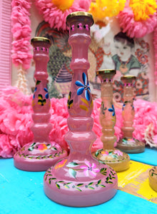 Glass floral folk art candle stick
