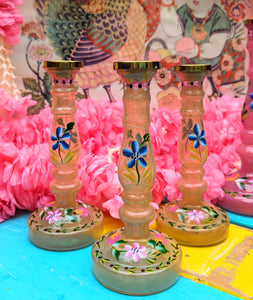 Glass floral folk art candle stick