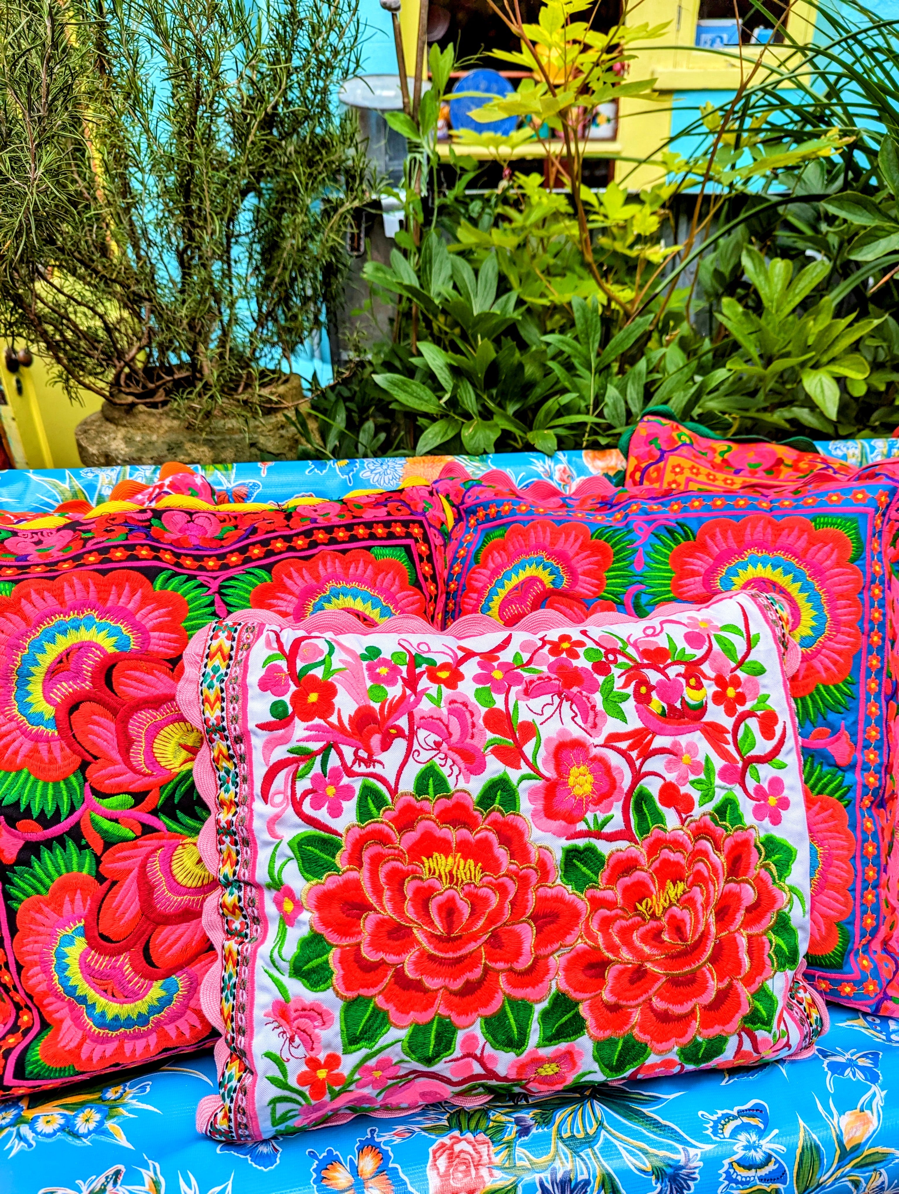 Chinese tribal embroidered peony cushions