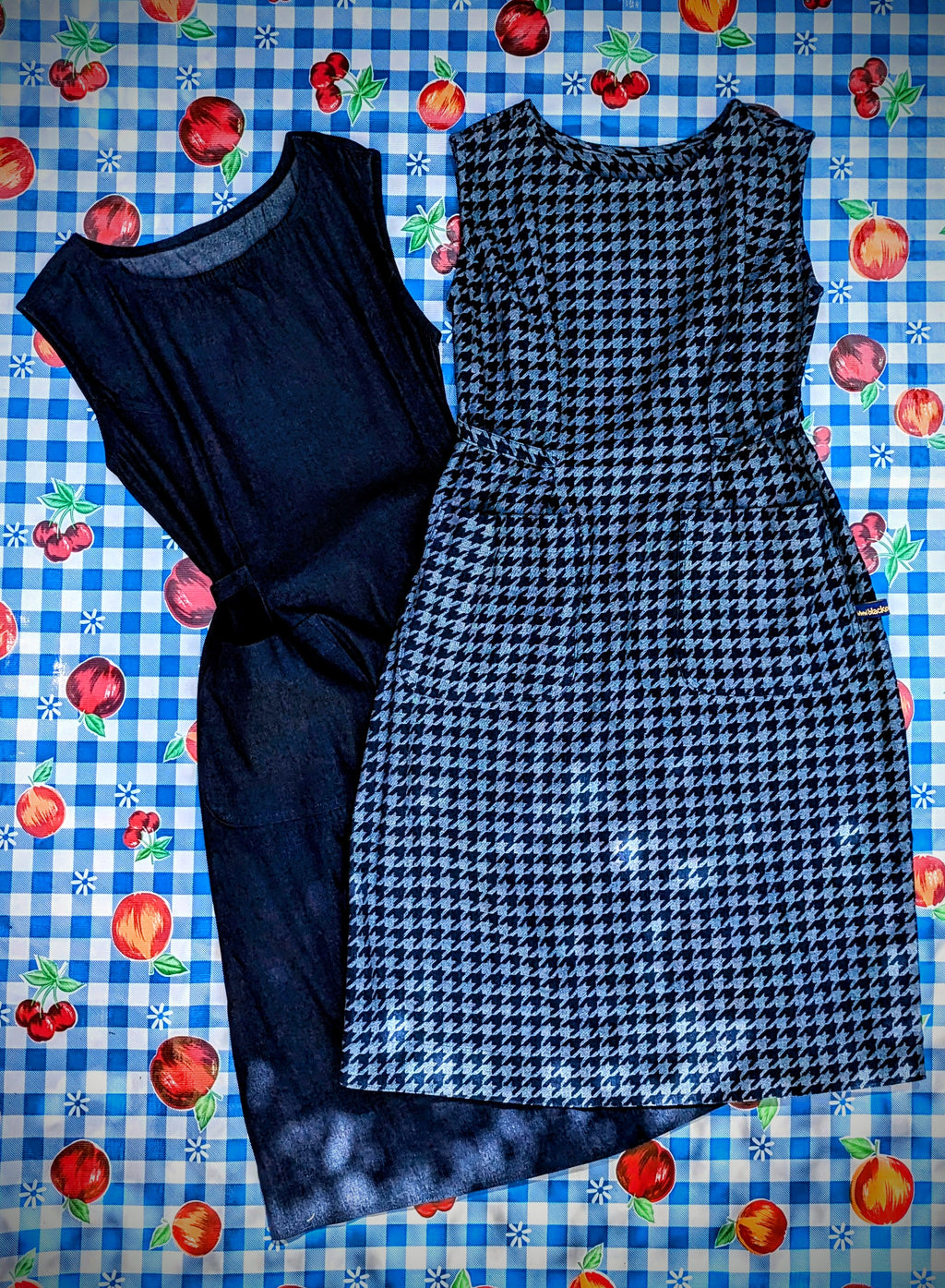 Gorgeous everyday wear pinafore style denim dress, great on it's own or as we are loving at the moment, over a collared shirt like our shibori Peter Pan!!

The shoulders have a perfect cut for a puffed sleeve too! fabulous work wear style, great for layering.

Handmade in Thailand. Patterns and sampling made here in the UK by our founder Anna Moody.

Plain denim is a lighter weight, the houndstooth weave is a heavier weight denim.

Size one is size 8-10, bust 34", hip 44", drop from shoulder 41".

Size 2 is