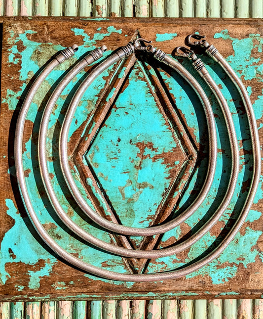 Made in Rajasthan by super skilled jewellers, these are an all day ,everyday heirloom treasure!! This work is becoming harder to find as it is labour intensive, and warrants the work in gold, but harder to justify the work in silver.

Silver content with all handmade snakes is 80% and the clasps are sterling 925. This is due to the method of weaving the silver, pure silver is far too soft and cannot withstand the weaving.Many sellers mark them as sterling, but it is impossible to make them by hand in 925 si