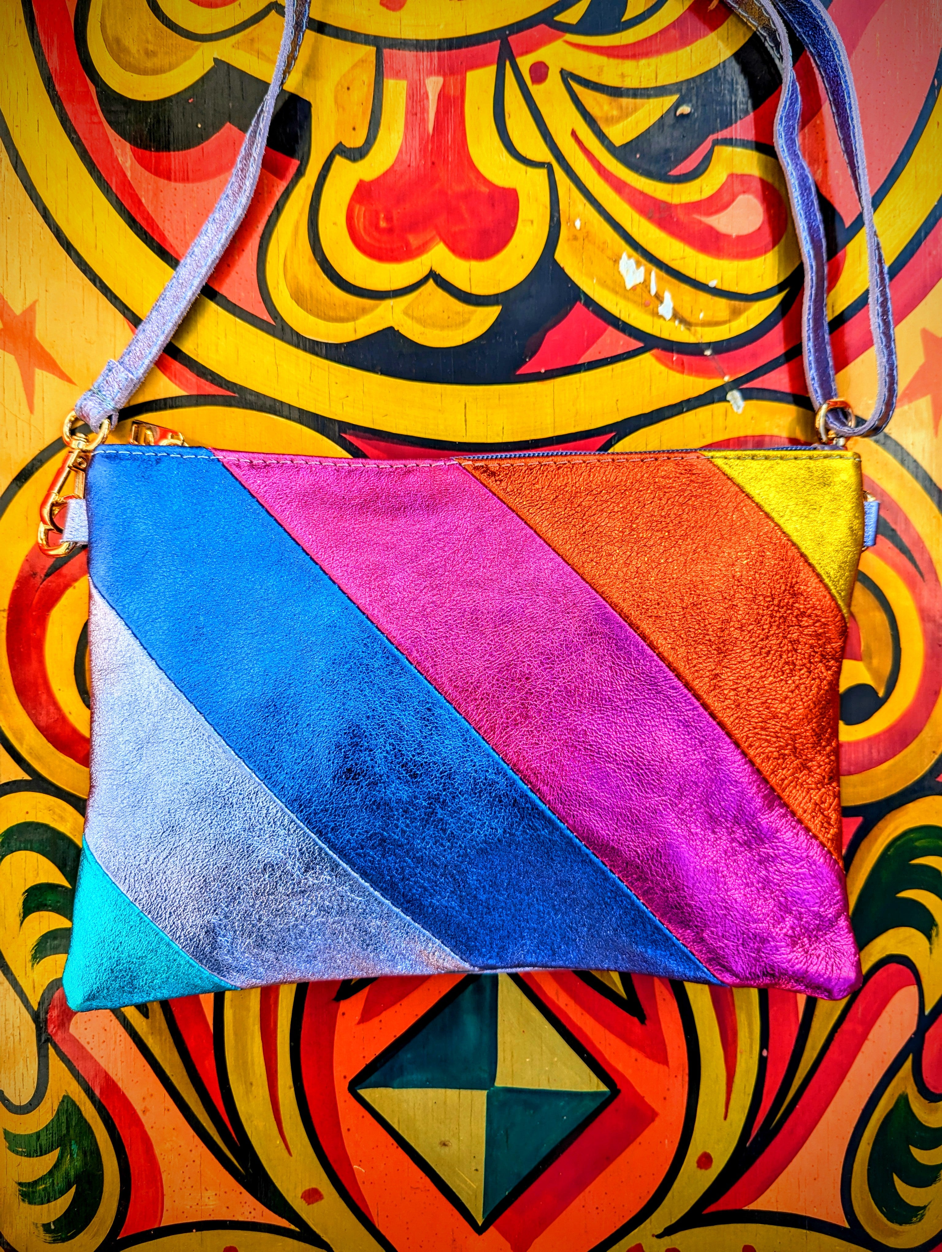 Rainbow stripe metallic leather bag