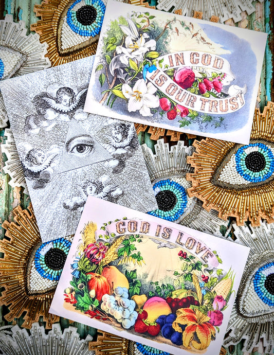 Set of 3 beautifully printed postcards with images taken from vintage Church, Masons and Missionary ephemera...it's good for you! 

Postcards come with envelopes.Set of 3

 Bazartherapy 