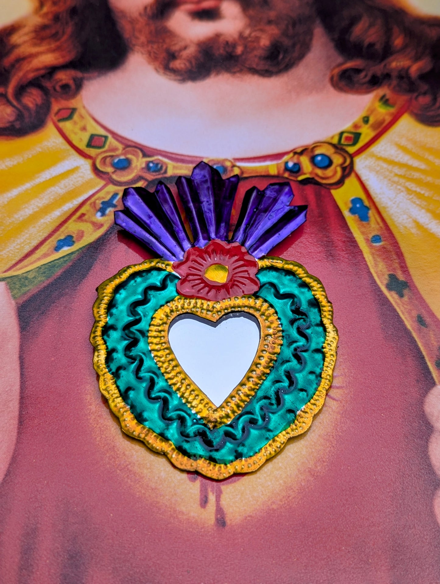 Colourful tin sacred heart mirrors