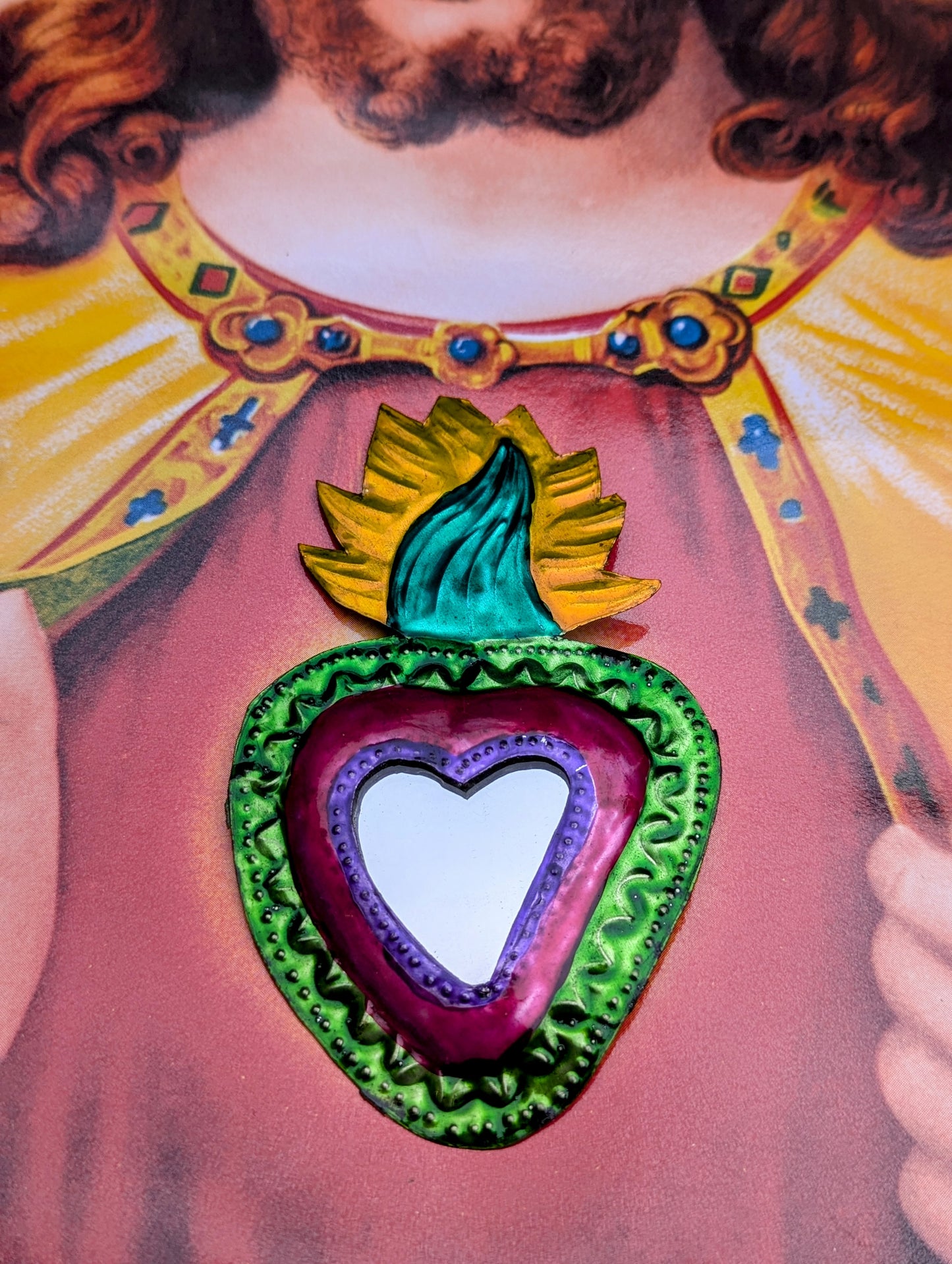 Colourful tin sacred heart mirrors